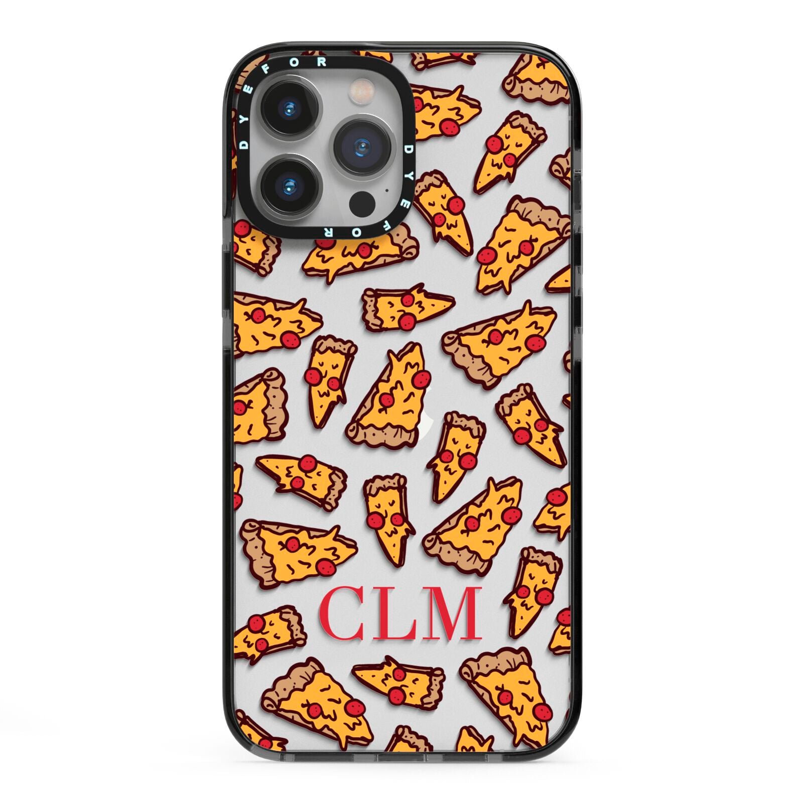 Personalised Pizza Initials Clear iPhone 13 Pro Max Black Impact Case on Silver phone