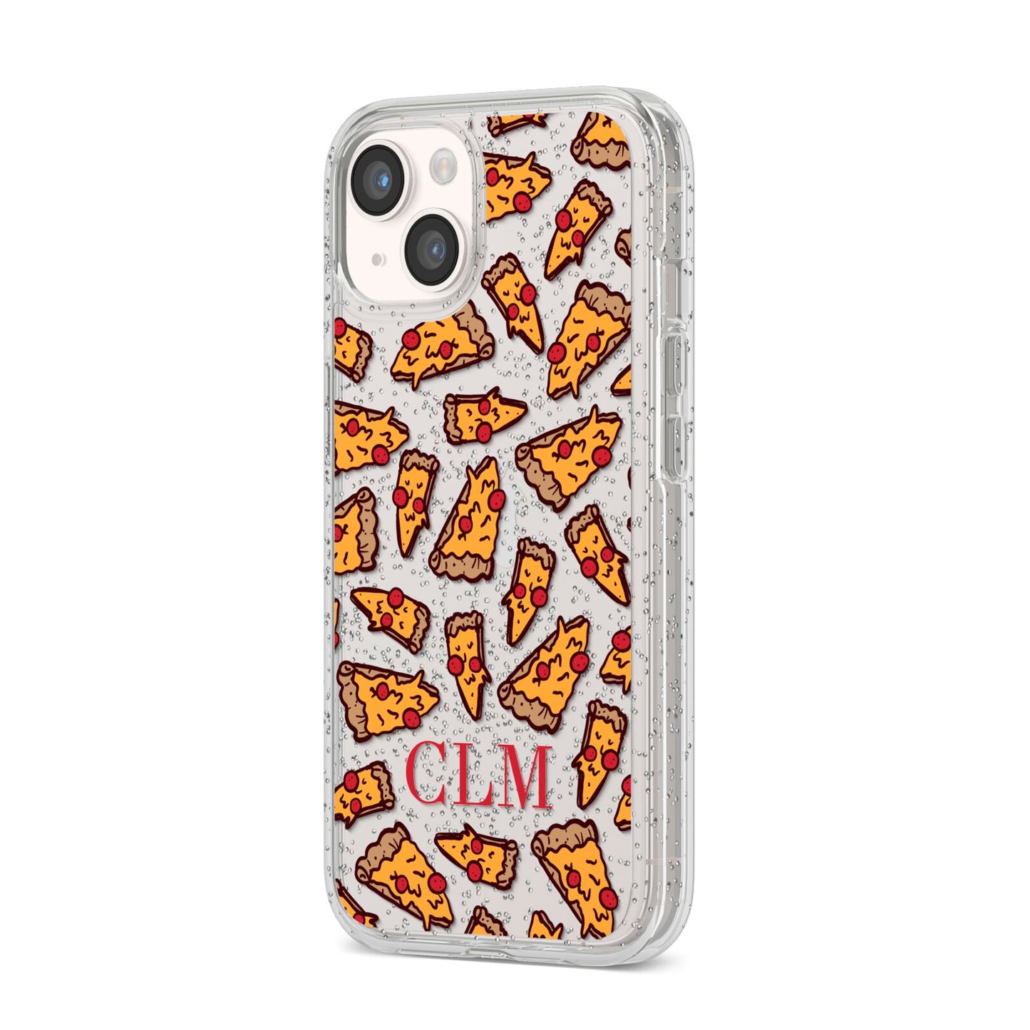Personalised Pizza Initials Clear iPhone 14 Glitter Tough Case Starlight Angled Image