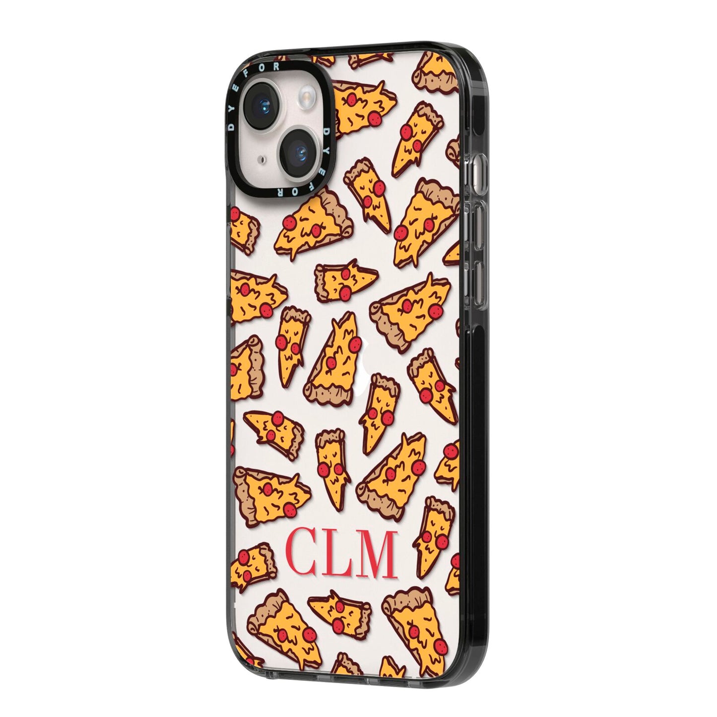 Personalised Pizza Initials Clear iPhone 14 Plus Black Impact Case Side Angle on Silver phone