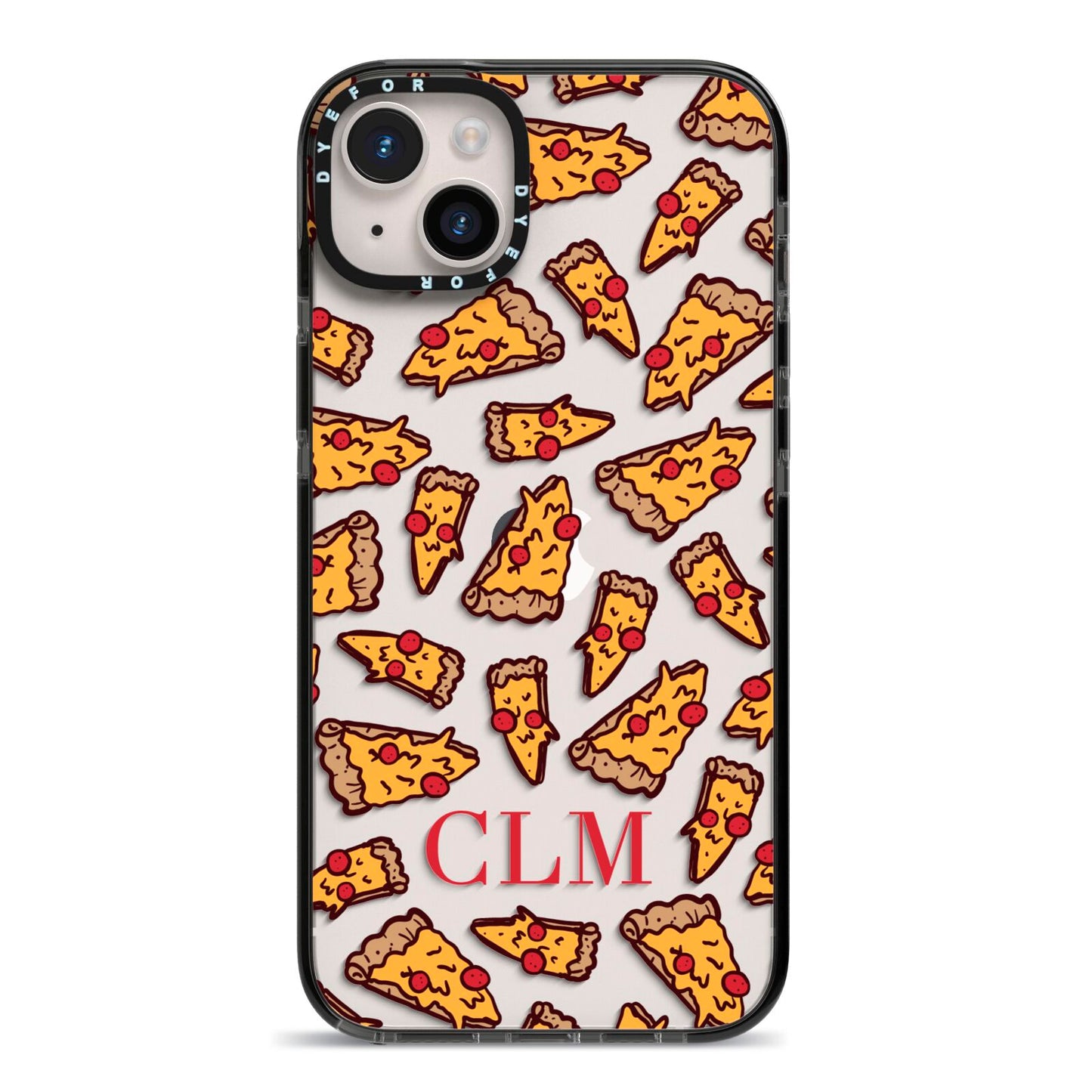 Personalised Pizza Initials Clear iPhone 14 Plus Black Impact Case on Silver phone