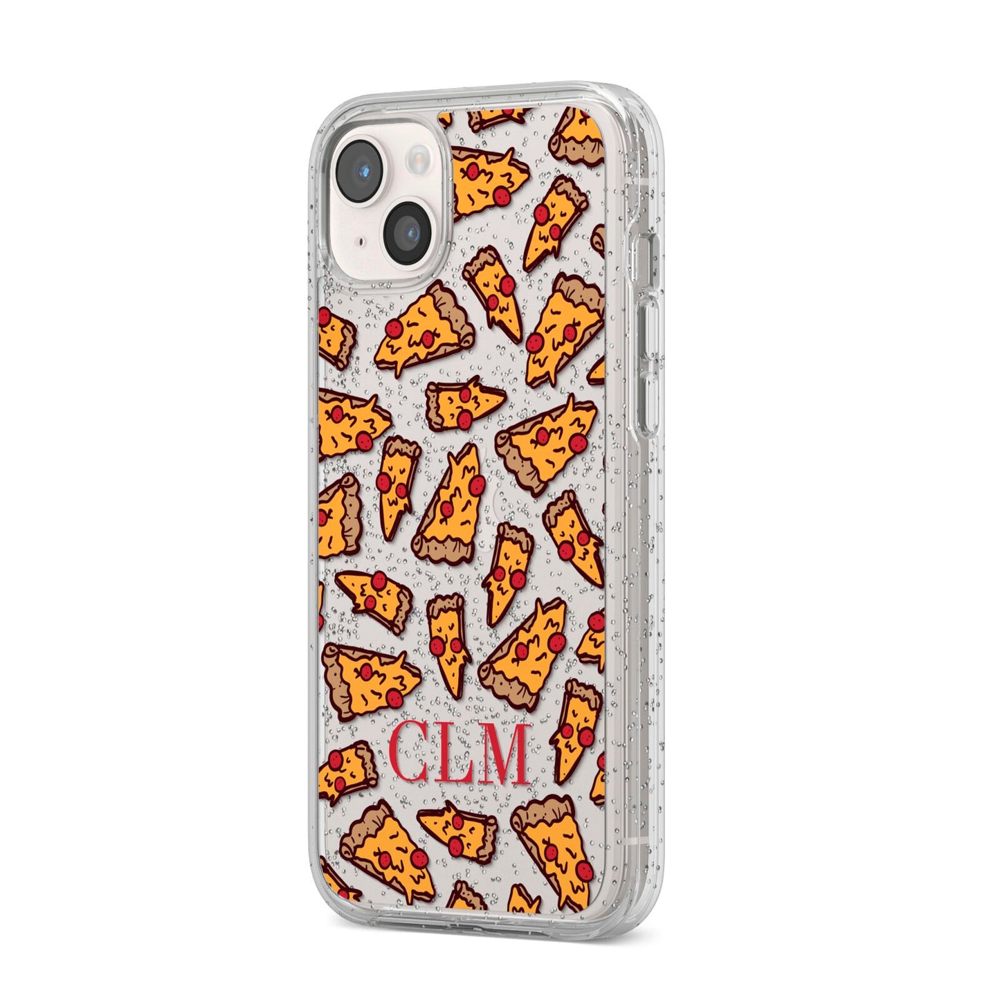 Personalised Pizza Initials Clear iPhone 14 Plus Glitter Tough Case Starlight Angled Image