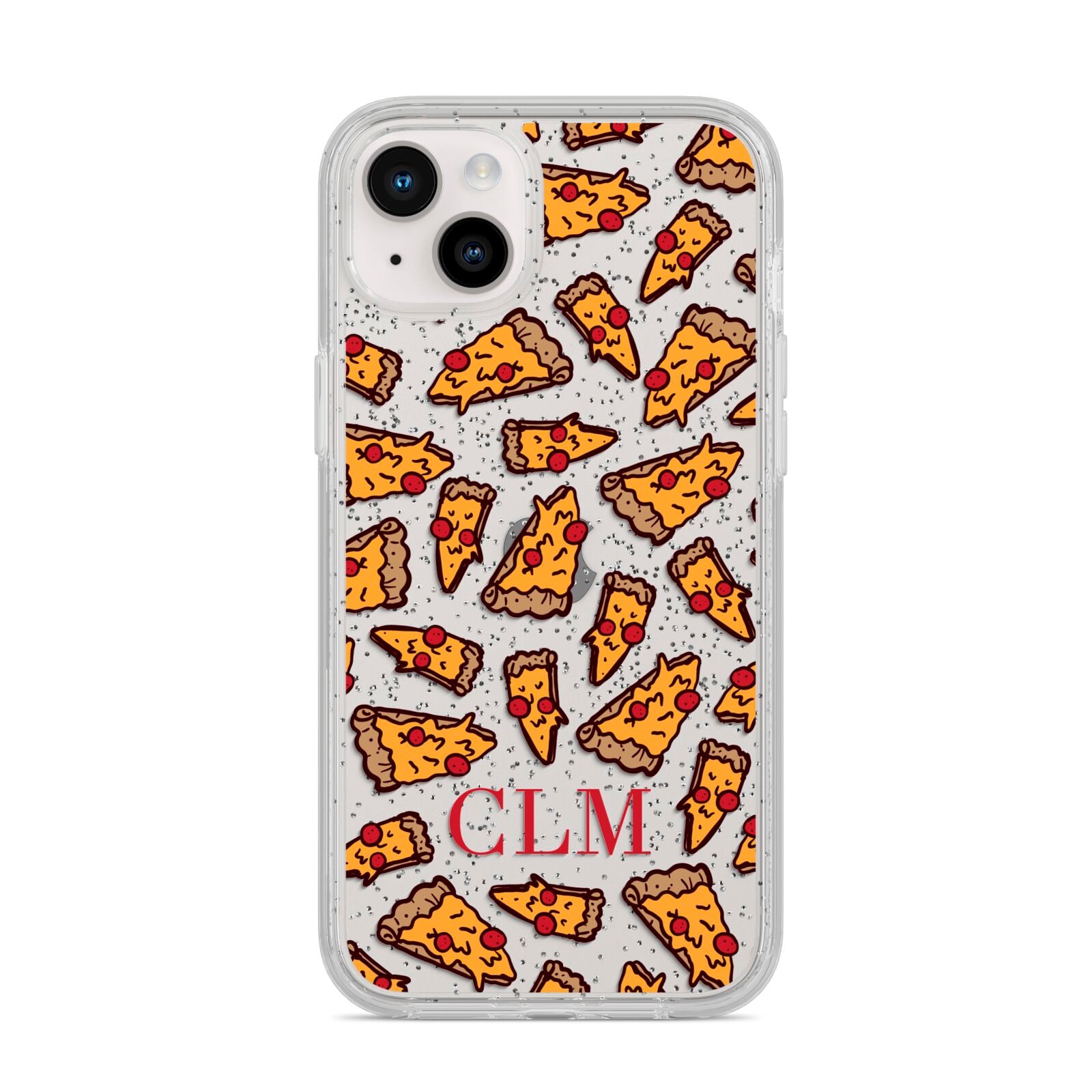 Personalised Pizza Initials Clear iPhone 14 Plus Glitter Tough Case Starlight