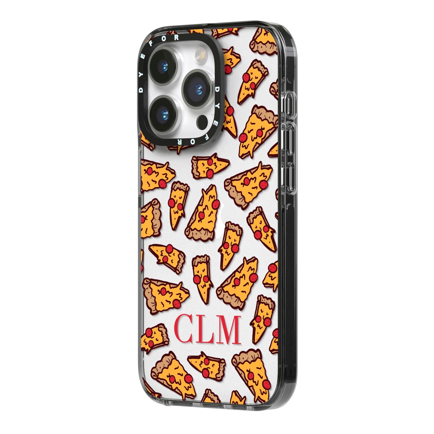 Personalised Pizza Initials Clear iPhone 14 Pro Black Impact Case Side Angle on Silver phone