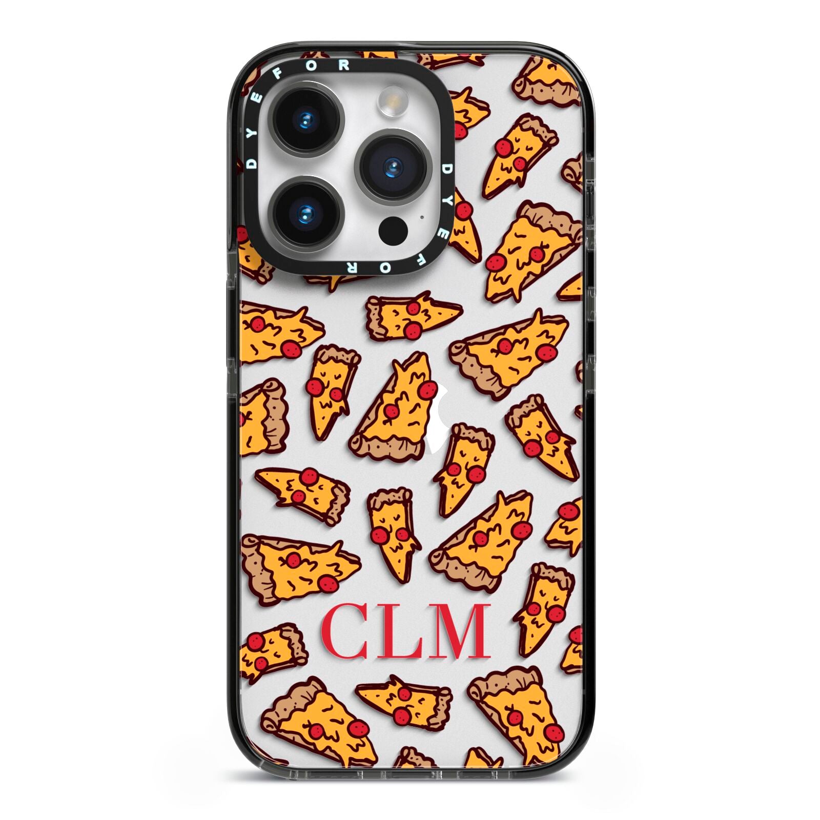 Personalised Pizza Initials Clear iPhone 14 Pro Black Impact Case on Silver phone