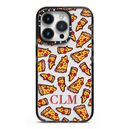 Personalised Pizza Initials Clear iPhone 14 Pro Black Impact Case on Silver phone