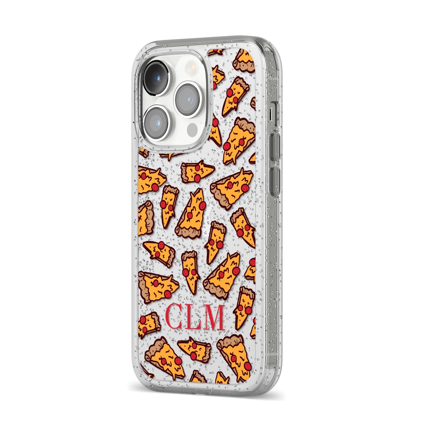 Personalised Pizza Initials Clear iPhone 14 Pro Glitter Tough Case Silver Angled Image