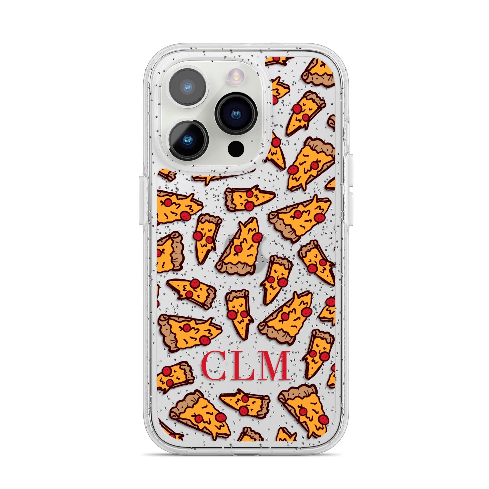 Personalised Pizza Initials Clear iPhone 14 Pro Glitter Tough Case Silver