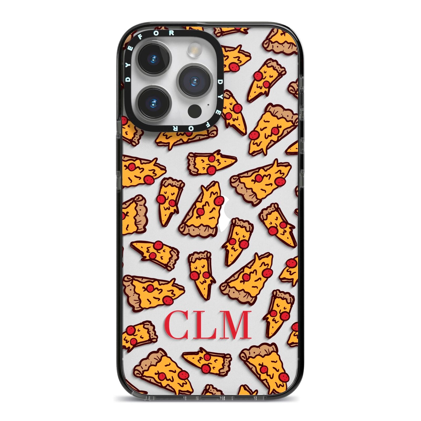 Personalised Pizza Initials Clear iPhone 14 Pro Max Black Impact Case on Silver phone