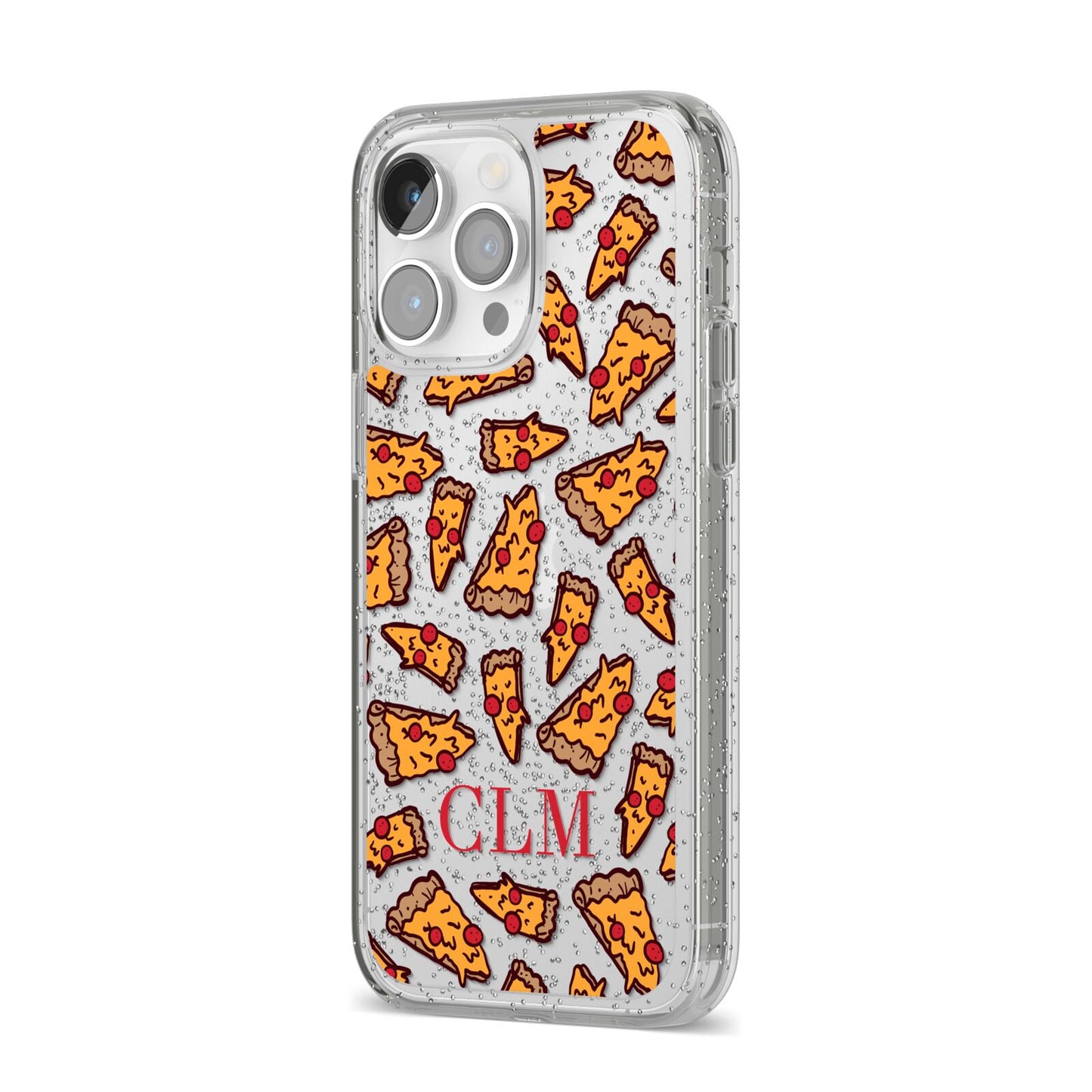 Personalised Pizza Initials Clear iPhone 14 Pro Max Glitter Tough Case Silver Angled Image