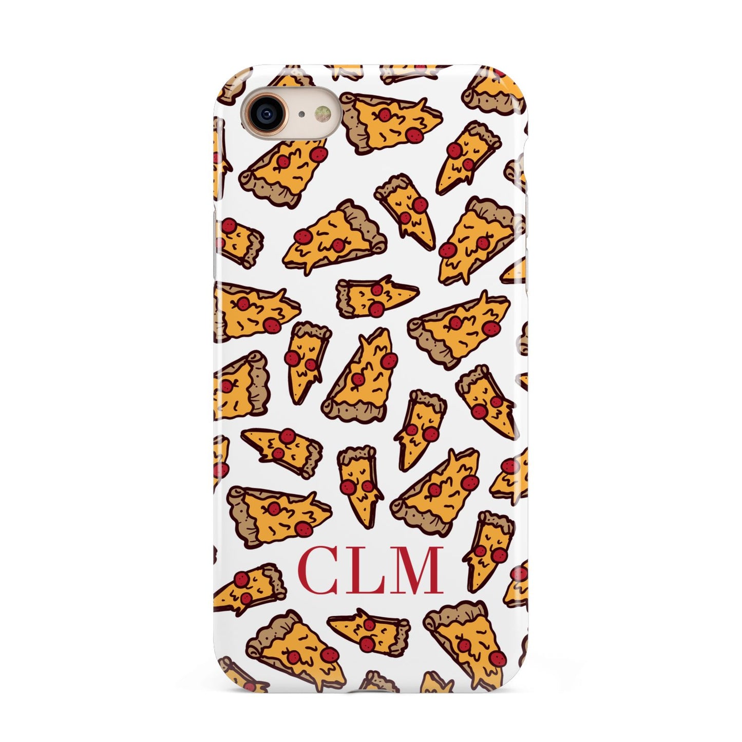 Personalised Pizza Initials Clear iPhone 8 3D Tough Case on Gold Phone