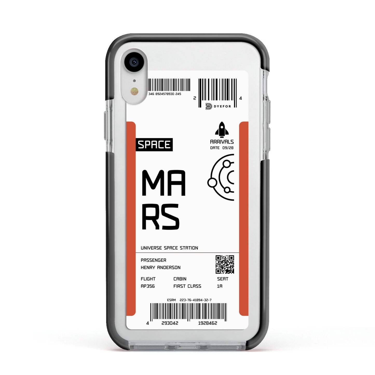 Personalised Planet Boarding Pass Apple iPhone XR Impact Case Black Edge on Silver Phone