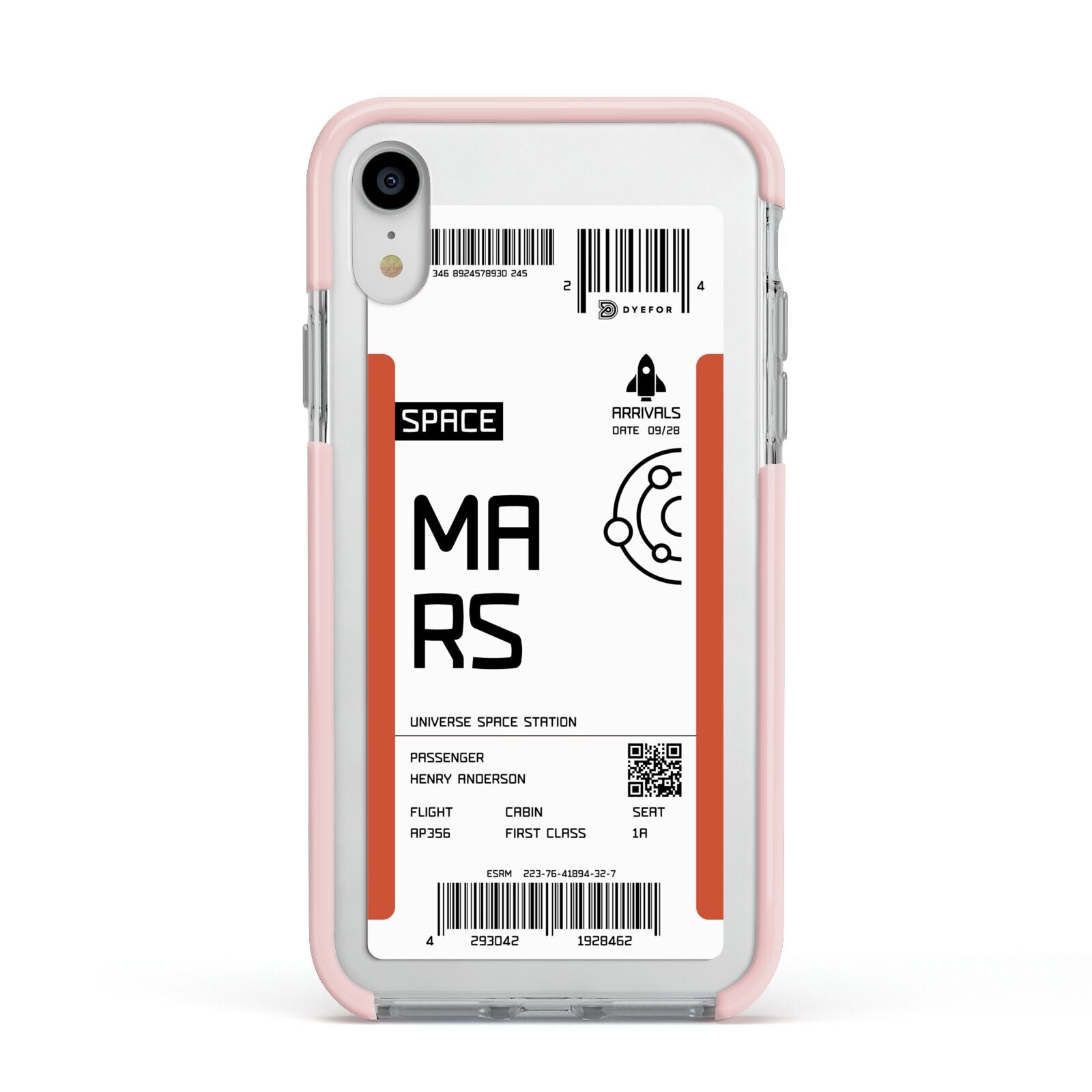 Personalised Planet Boarding Pass Apple iPhone XR Impact Case Pink Edge on Silver Phone