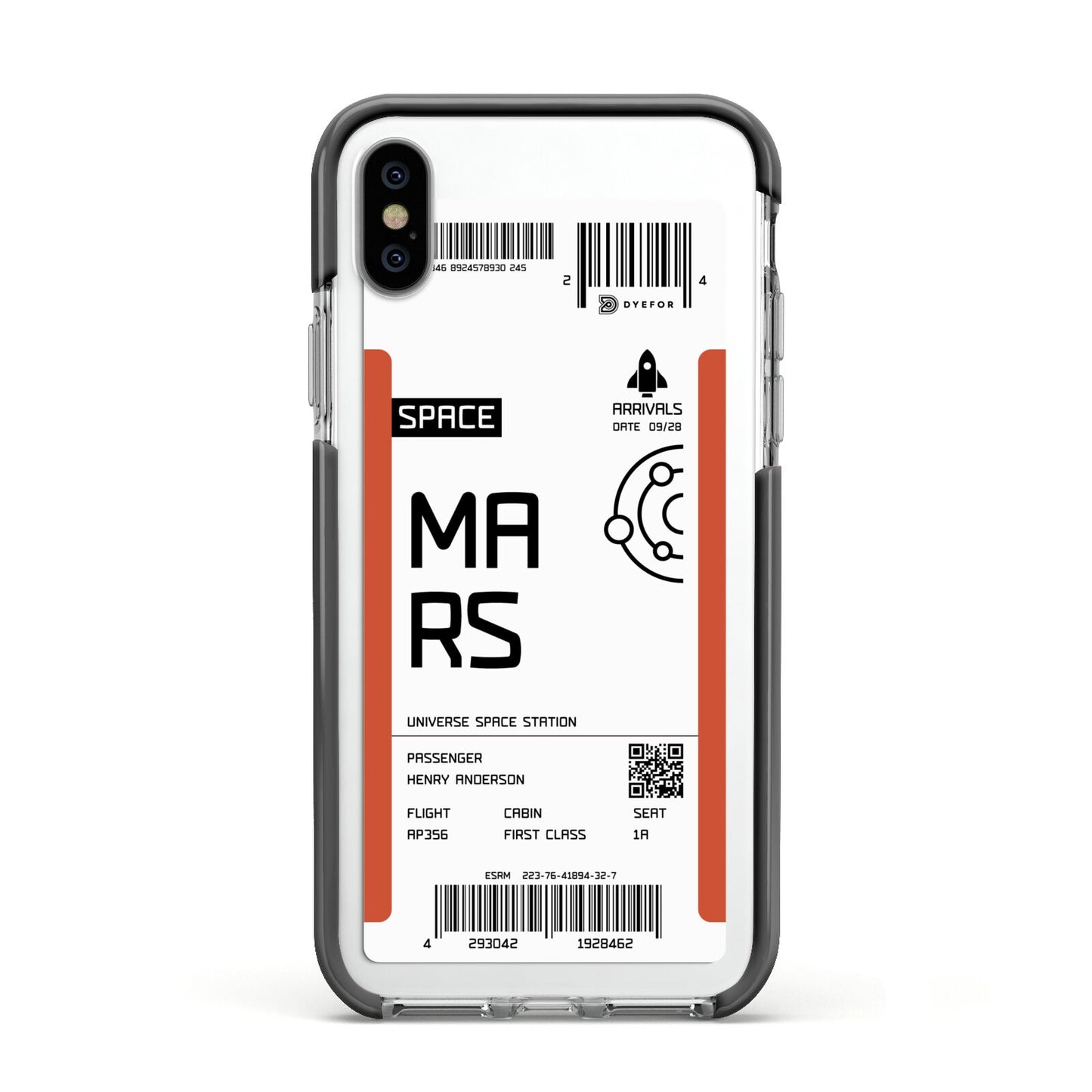 Personalised Planet Boarding Pass Apple iPhone Xs Impact Case Black Edge on Silver Phone