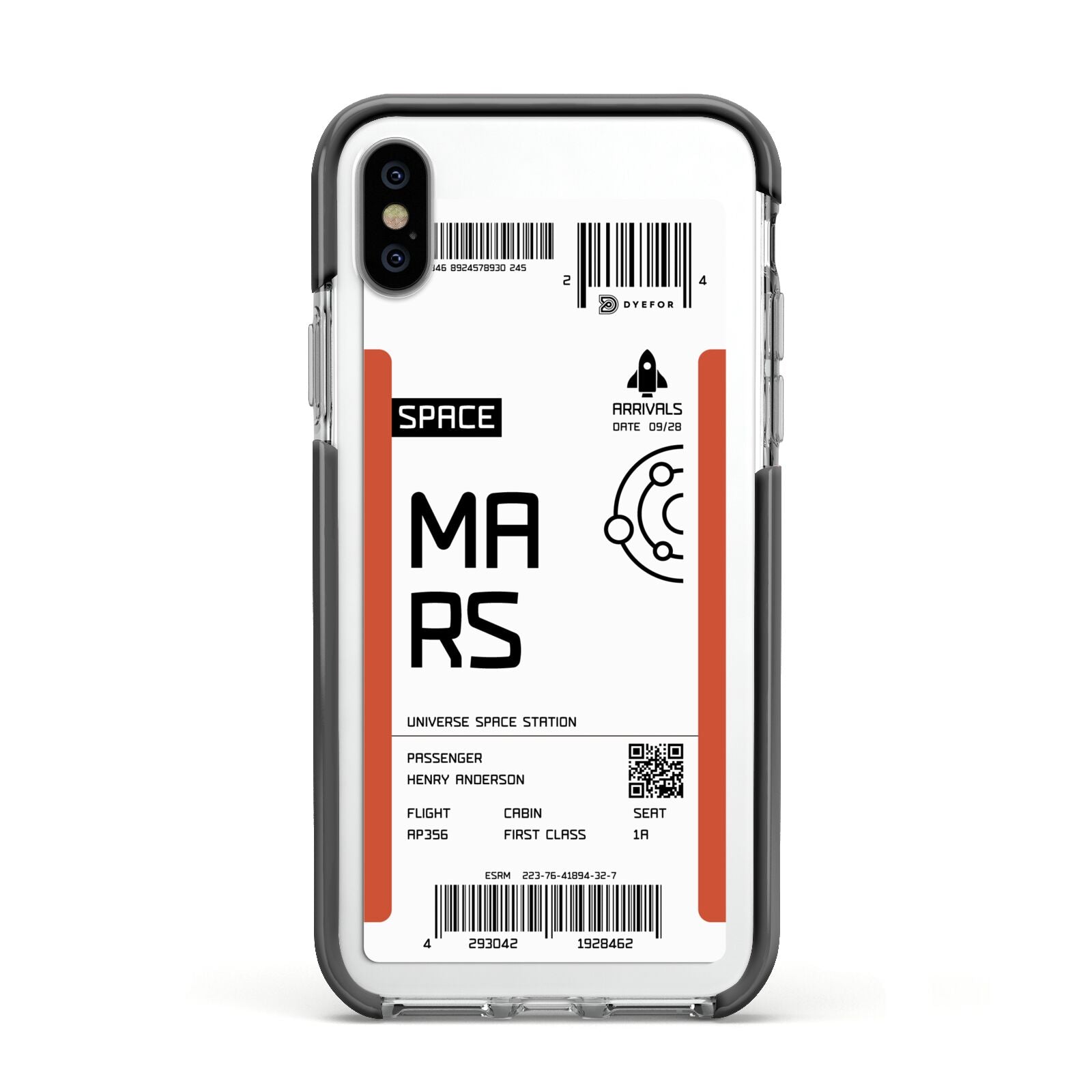 Personalised Planet Boarding Pass Apple iPhone Xs Impact Case Black Edge on Silver Phone