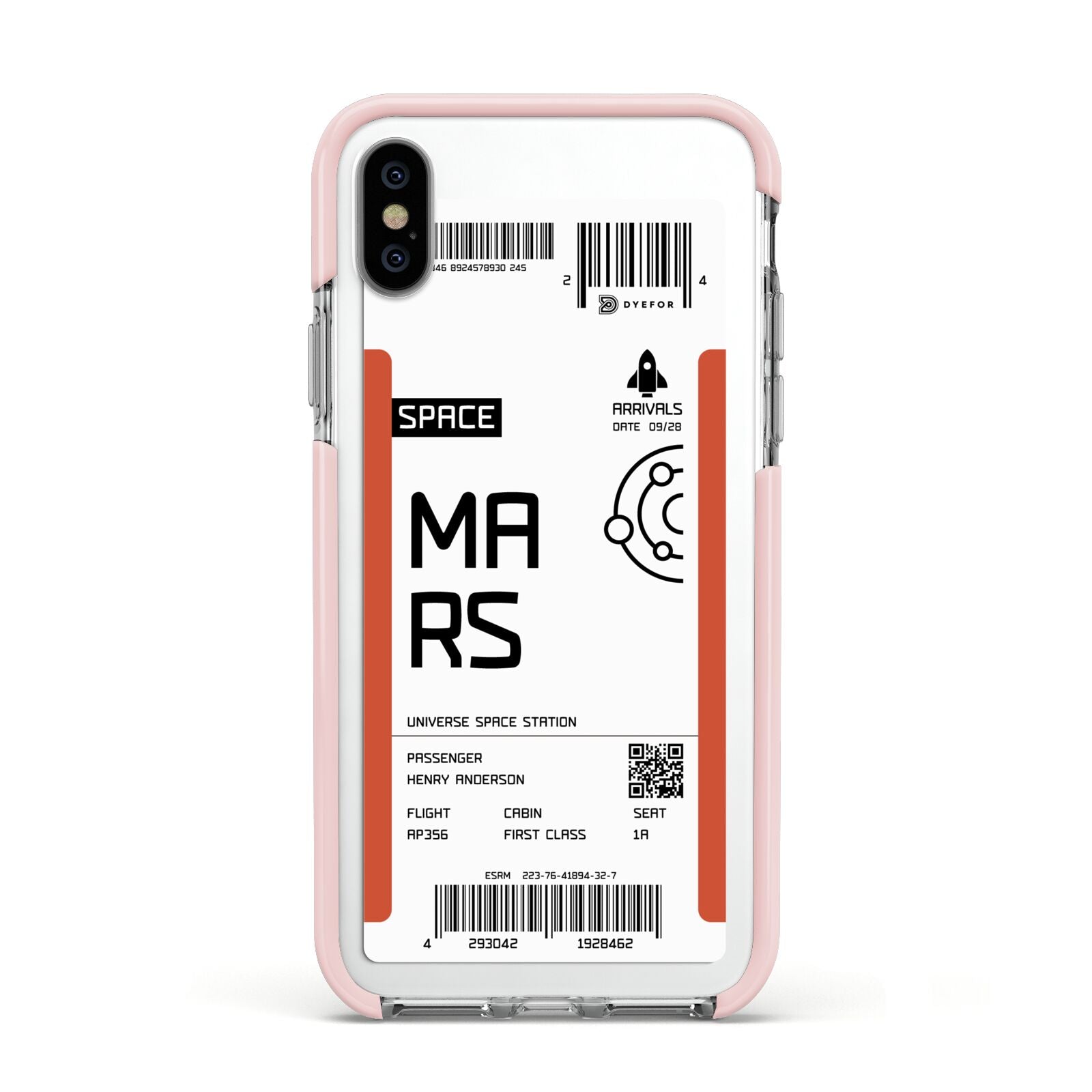 Personalised Planet Boarding Pass Apple iPhone Xs Impact Case Pink Edge on Silver Phone