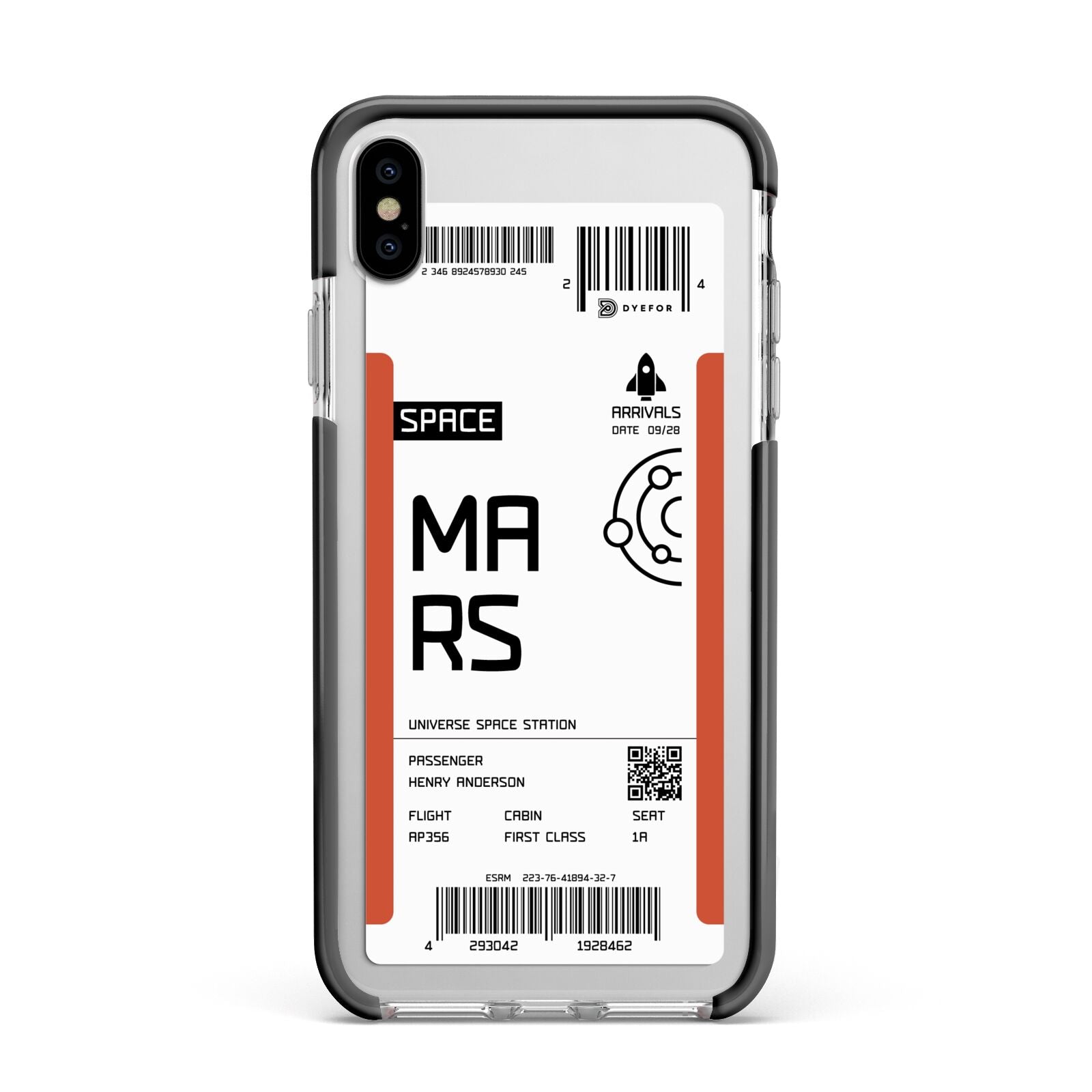 Personalised Planet Boarding Pass Apple iPhone Xs Max Impact Case Black Edge on Silver Phone