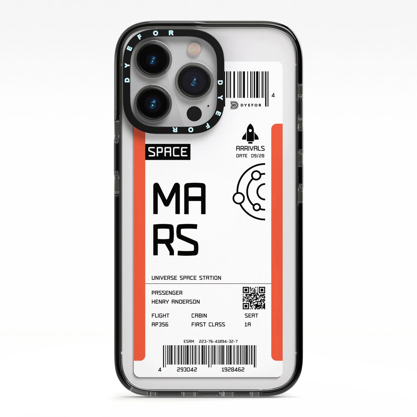 Personalised Planet Boarding Pass iPhone 13 Pro Black Impact Case on Silver phone