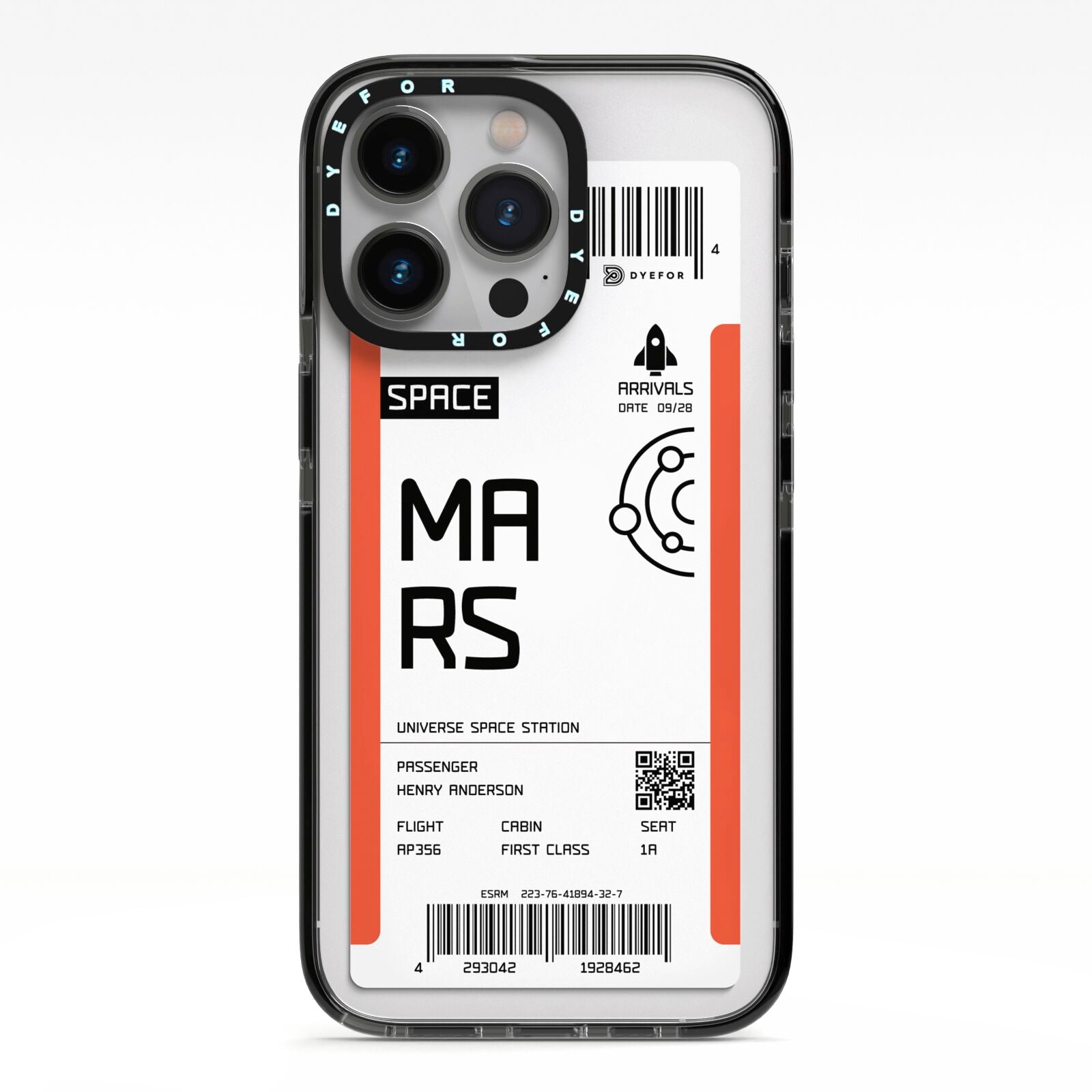 Personalised Planet Boarding Pass iPhone 13 Pro Black Impact Case on Silver phone