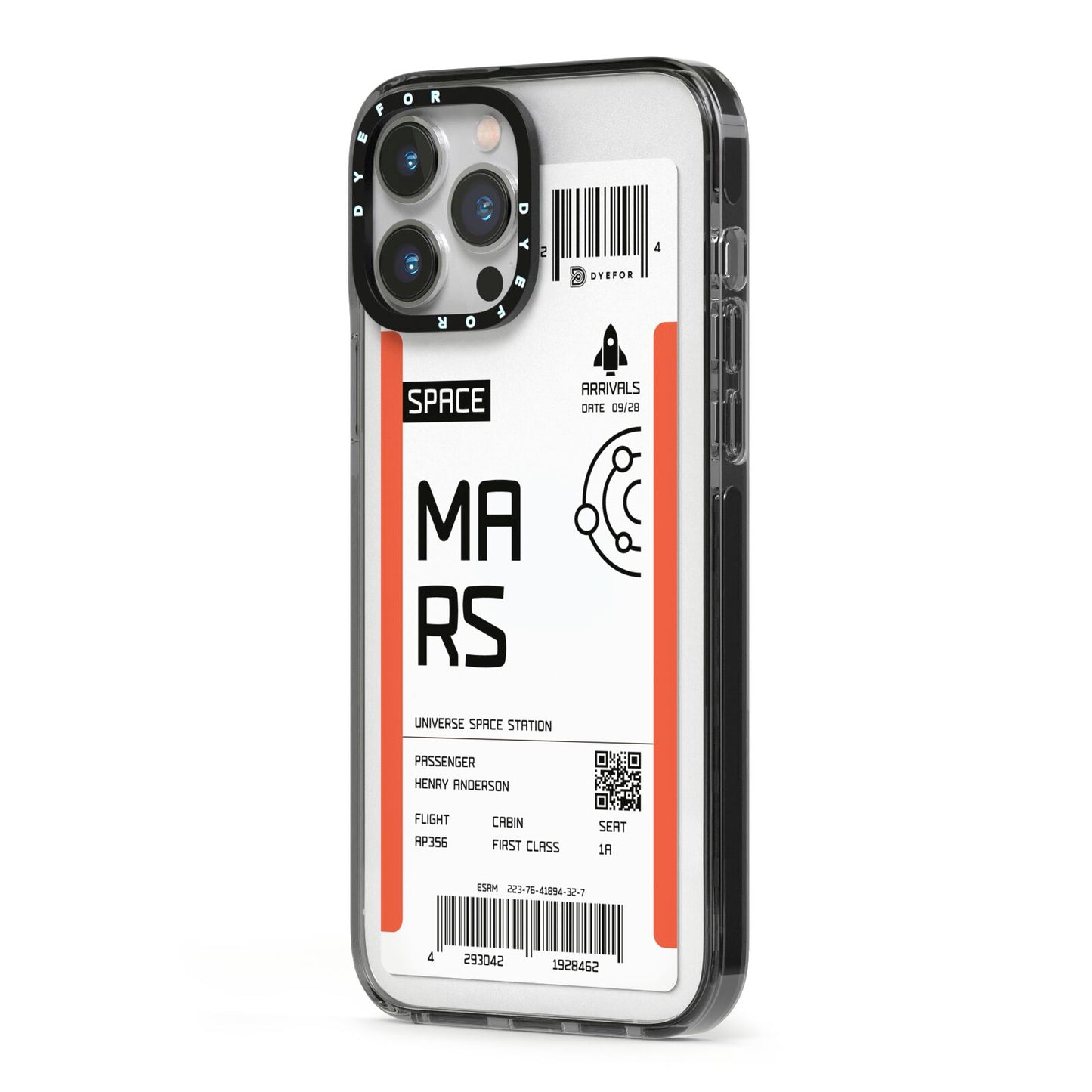 Personalised Planet Boarding Pass iPhone 13 Pro Max Black Impact Case Side Angle on Silver phone