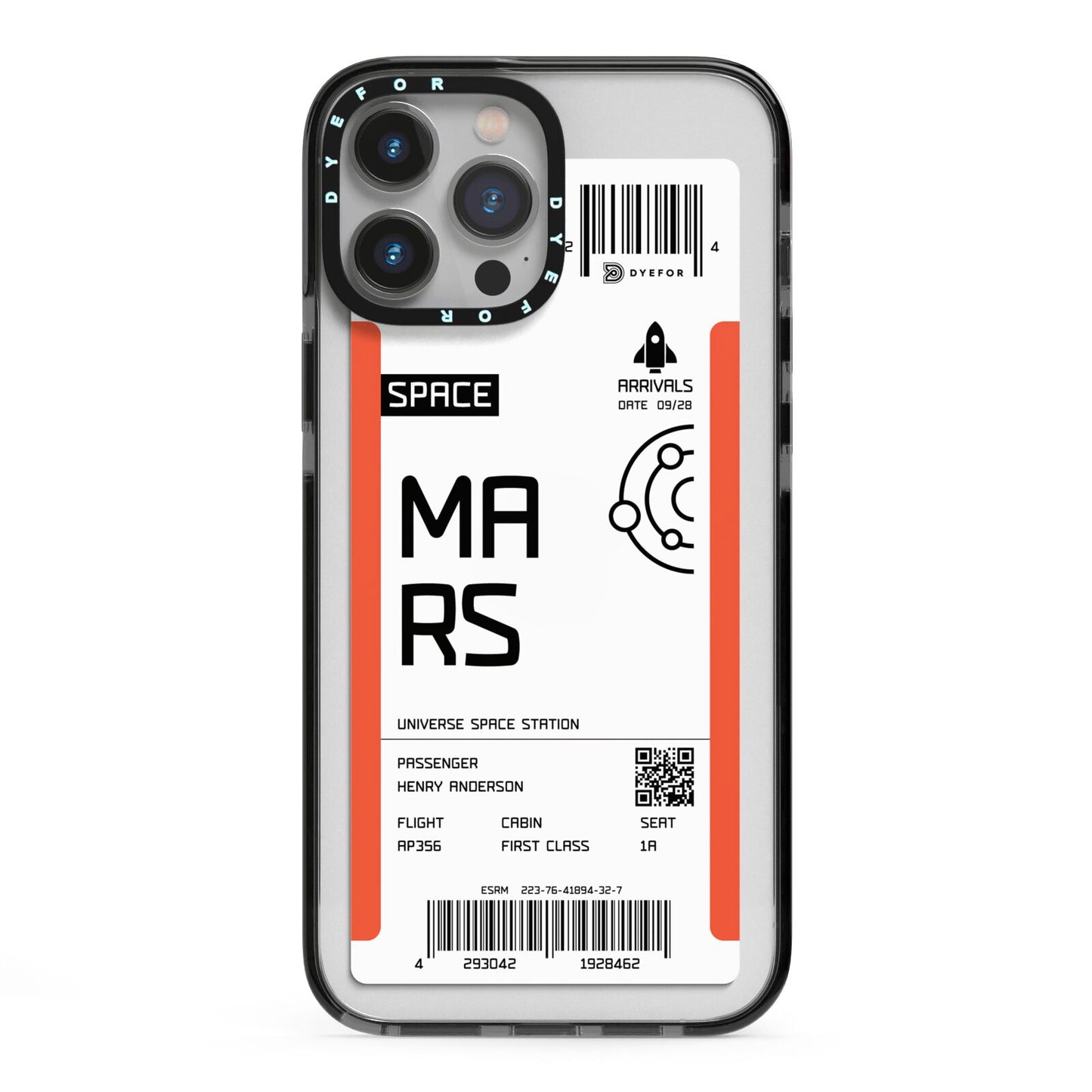 Personalised Planet Boarding Pass iPhone 13 Pro Max Black Impact Case on Silver phone
