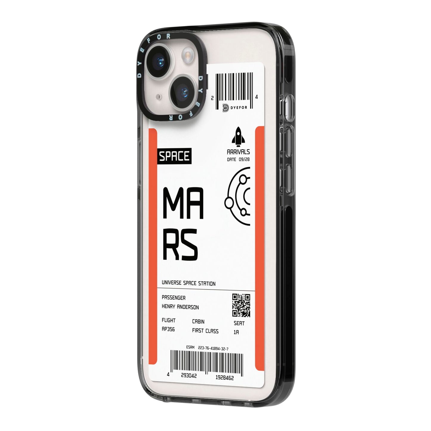 Personalised Planet Boarding Pass iPhone 14 Black Impact Case Side Angle on Silver phone