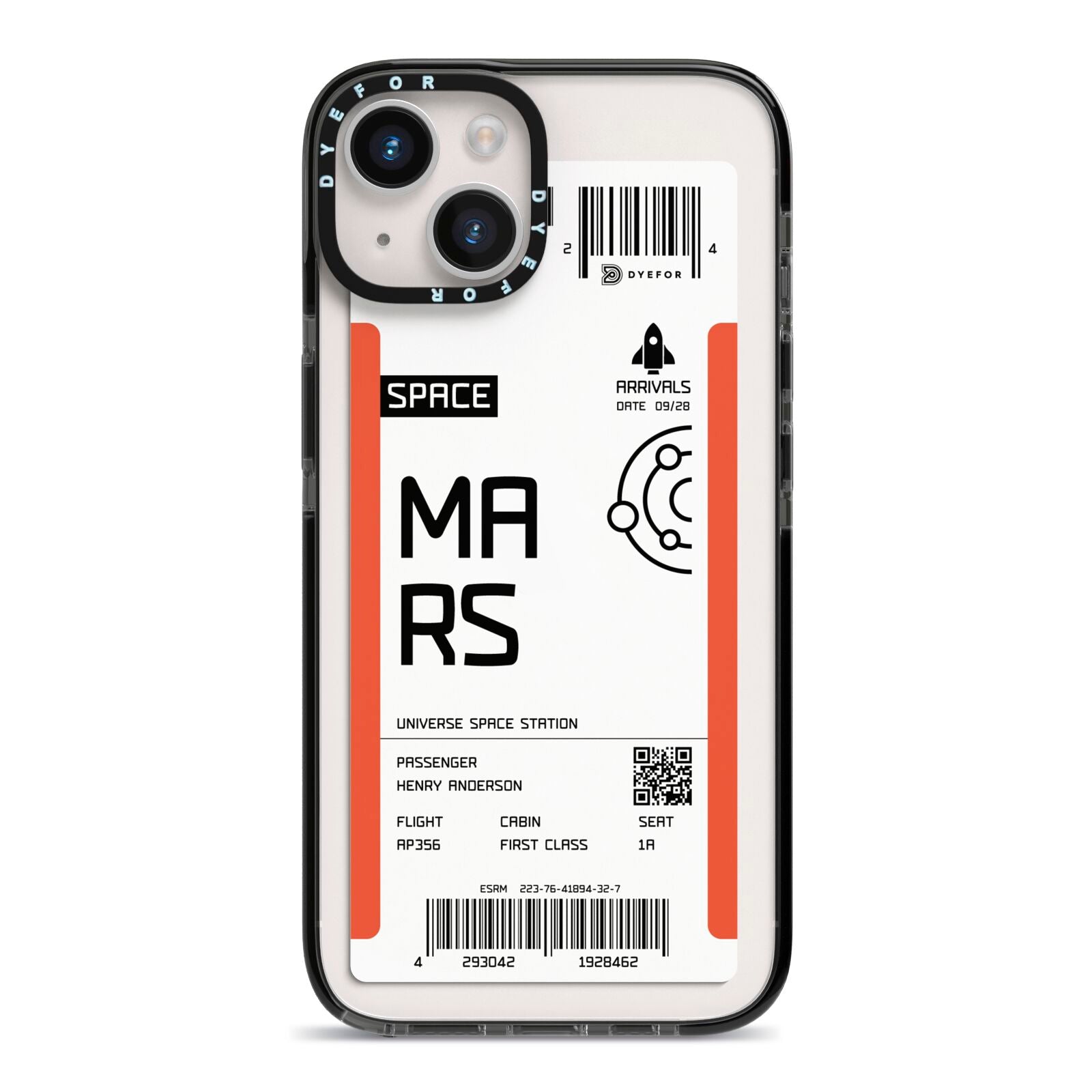 Personalised Planet Boarding Pass iPhone 14 Black Impact Case on Silver phone