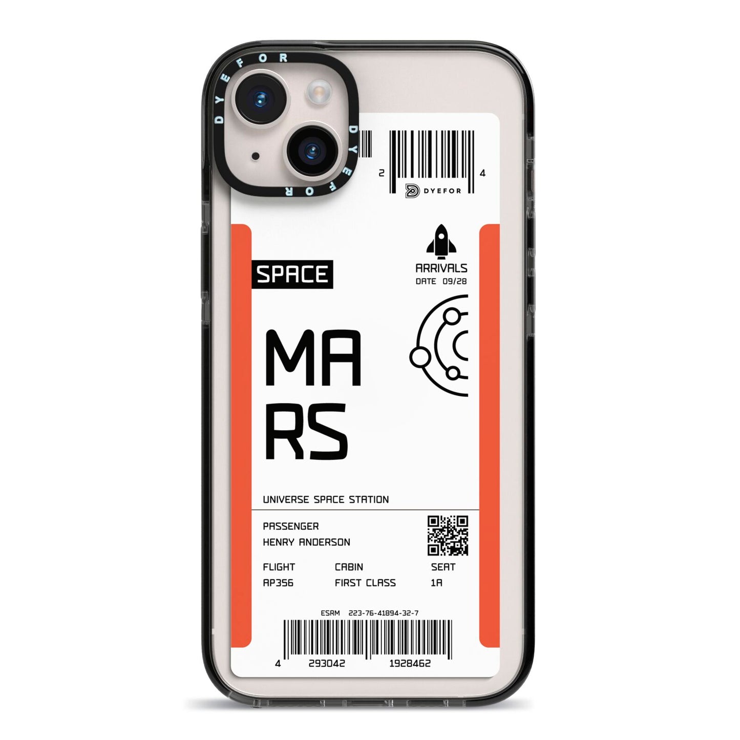 Personalised Planet Boarding Pass iPhone 14 Plus Black Impact Case on Silver phone