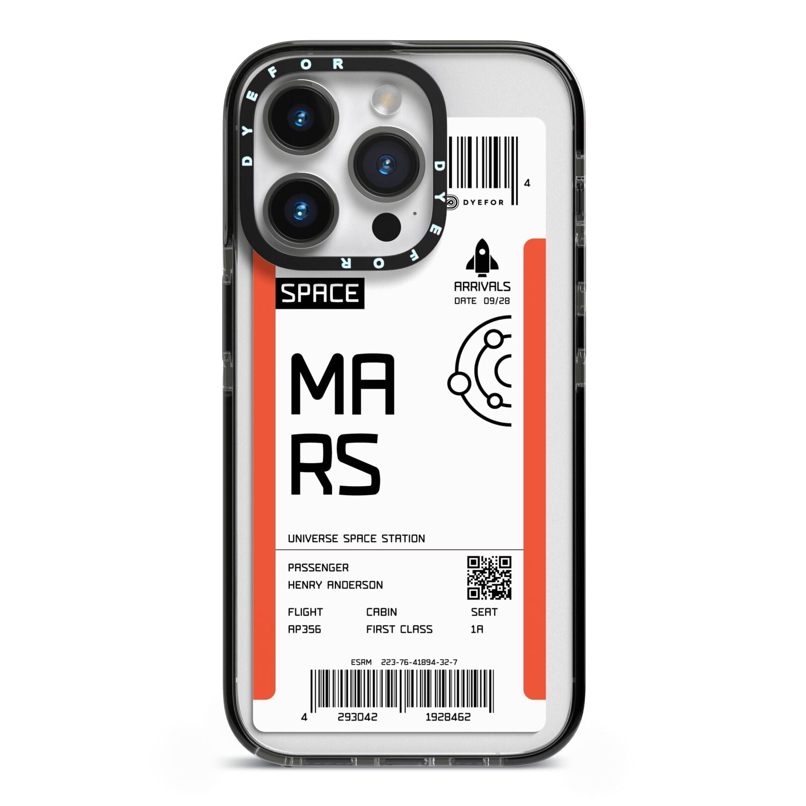 Personalised Planet Boarding Pass iPhone 14 Pro Black Impact Case on Silver phone