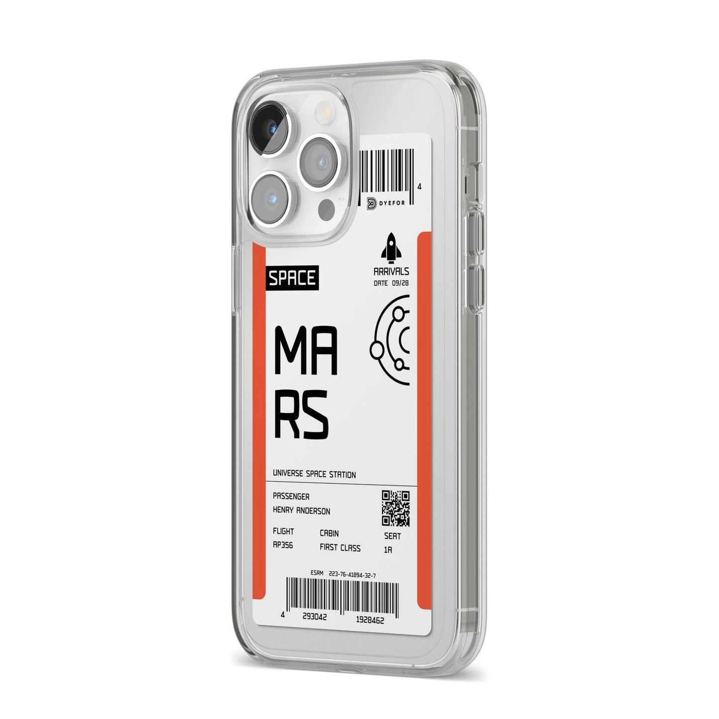 Personalised Planet Boarding Pass iPhone 14 Pro Max Clear Tough Case Silver Angled Image