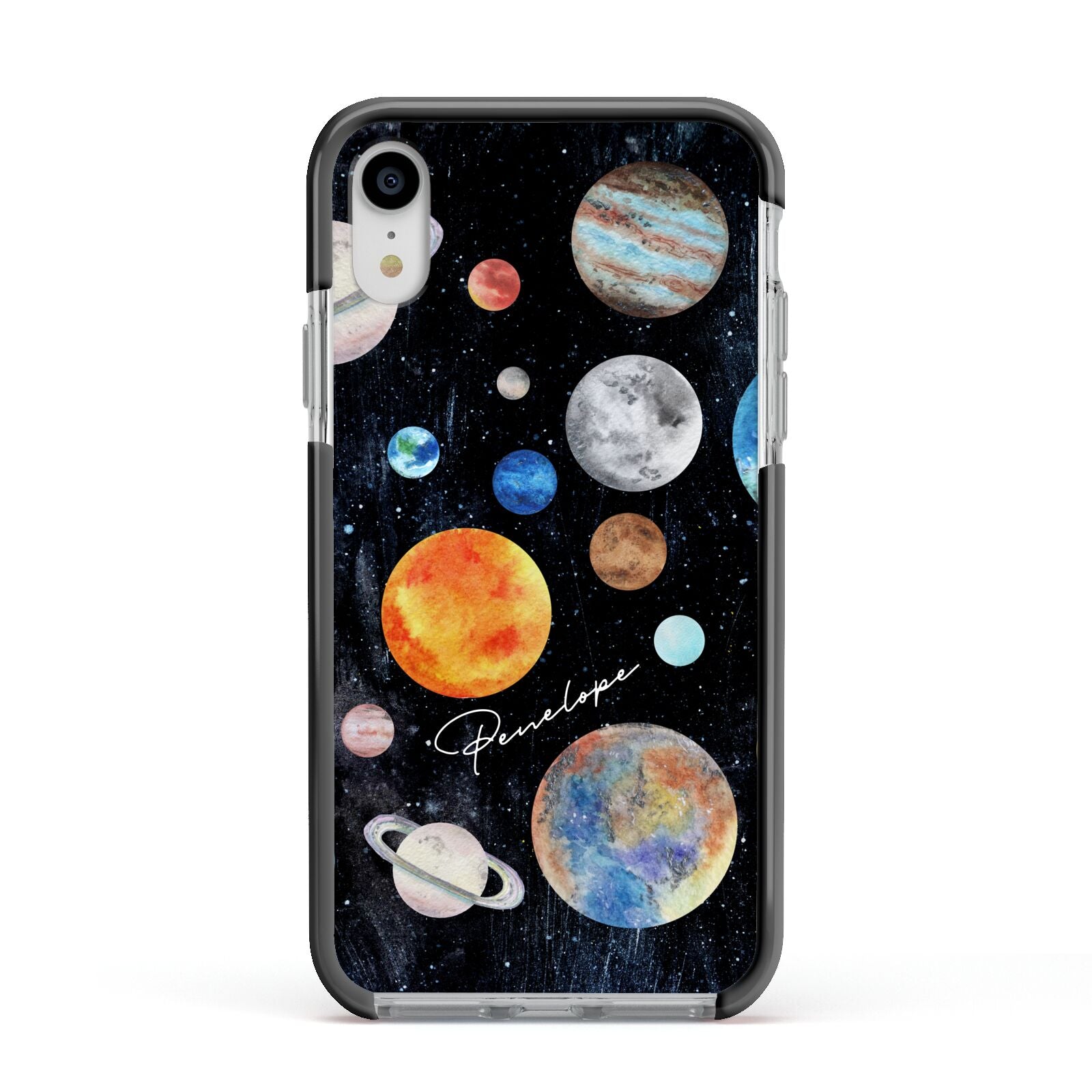 Personalised Planets Apple iPhone XR Impact Case Black Edge on Silver Phone