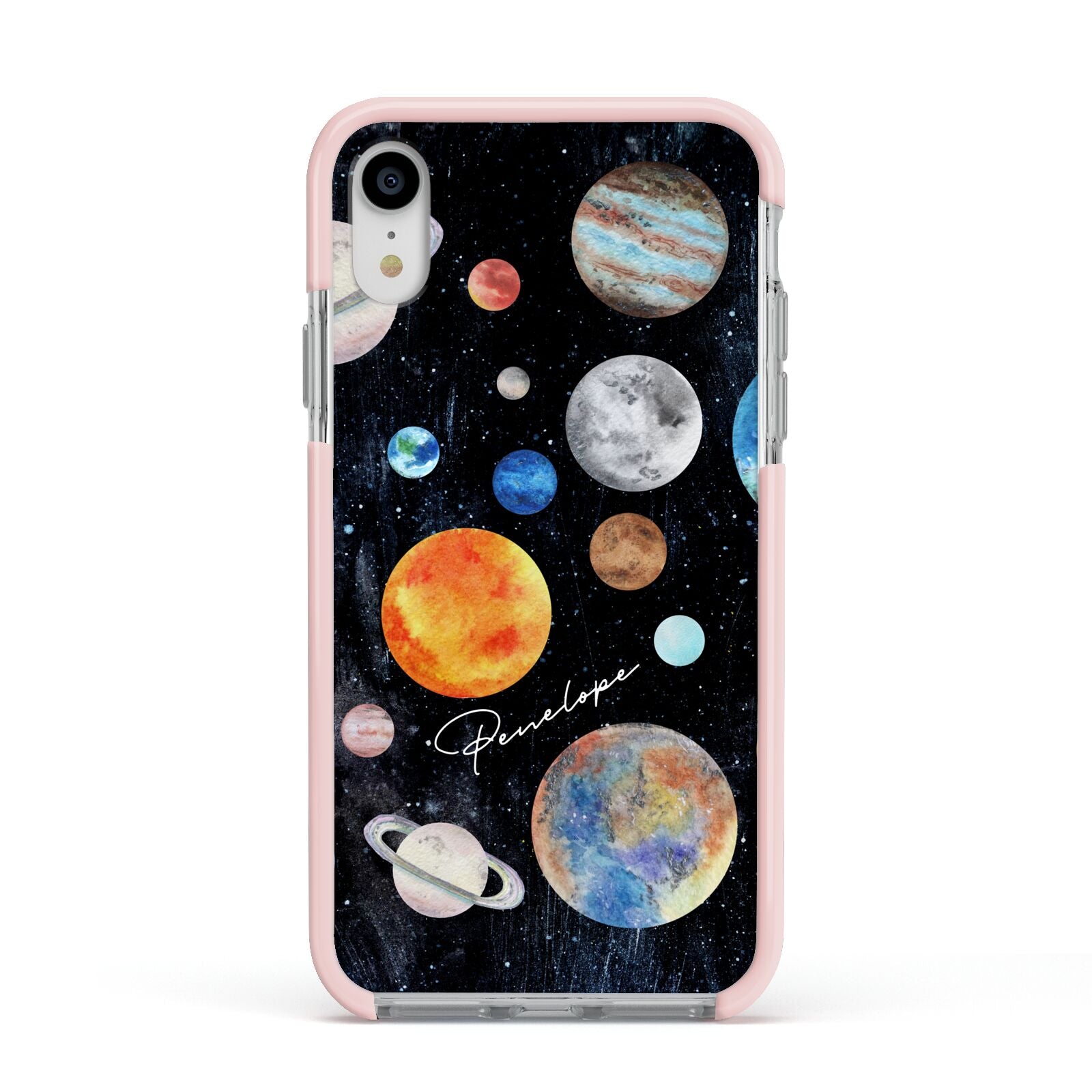 Personalised Planets Apple iPhone XR Impact Case Pink Edge on Silver Phone