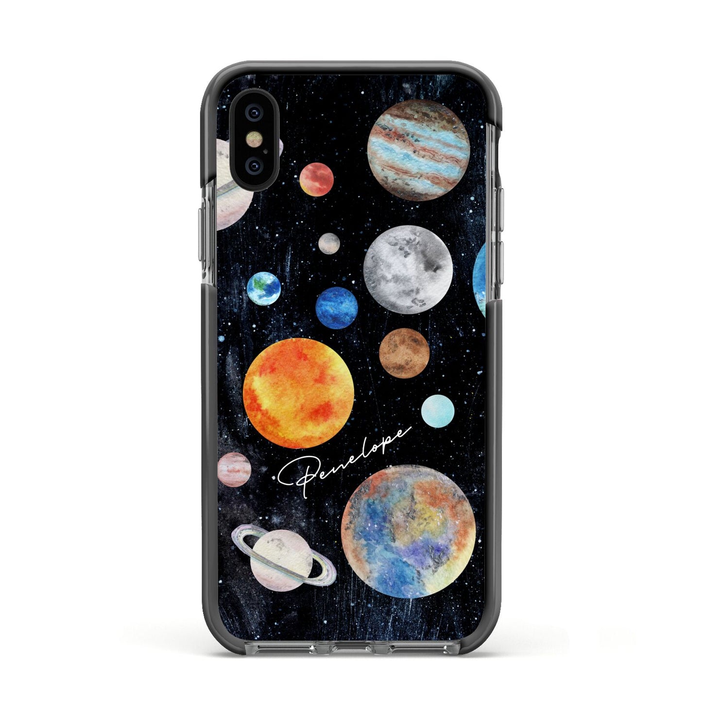 Personalised Planets Apple iPhone Xs Impact Case Black Edge on Black Phone