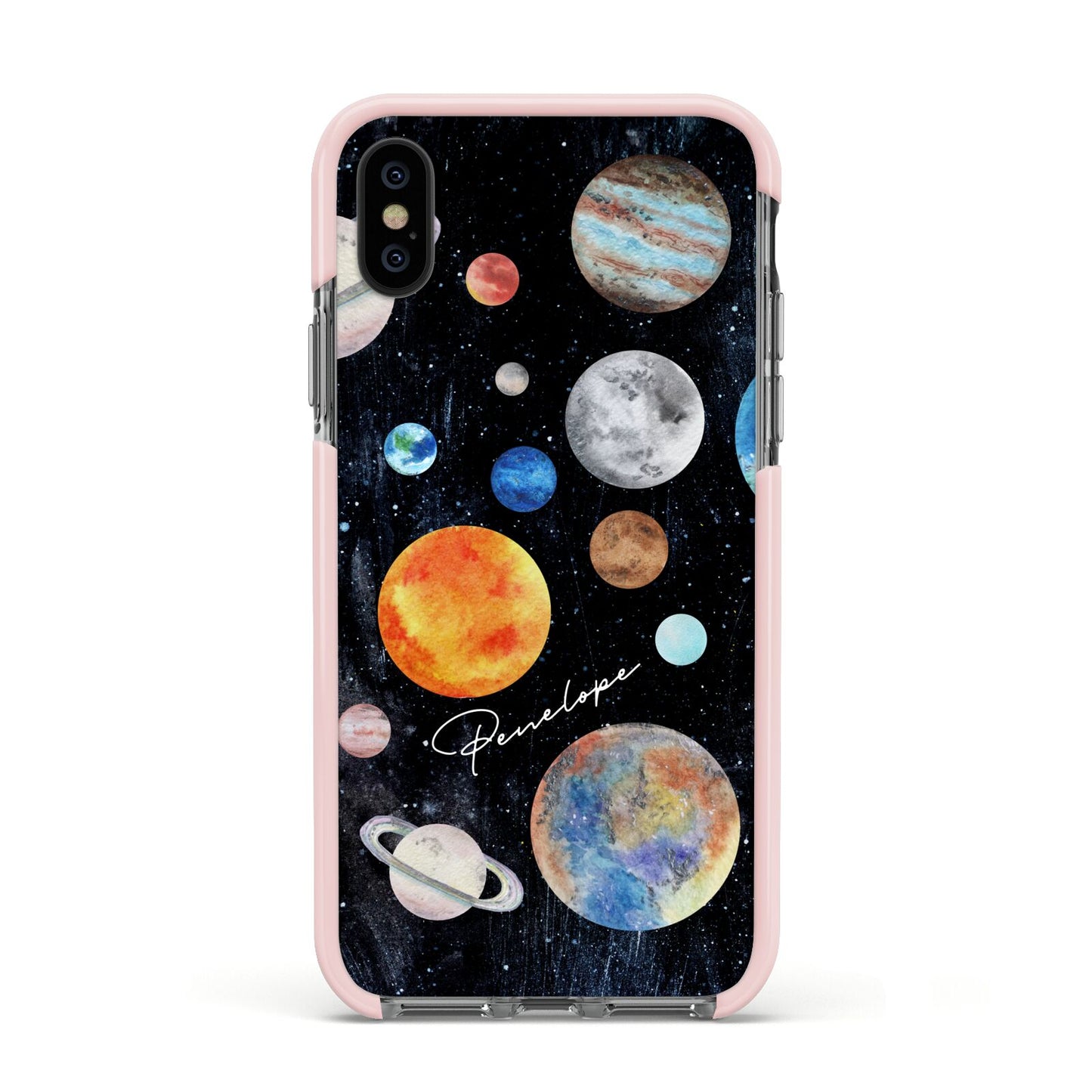 Personalised Planets Apple iPhone Xs Impact Case Pink Edge on Black Phone