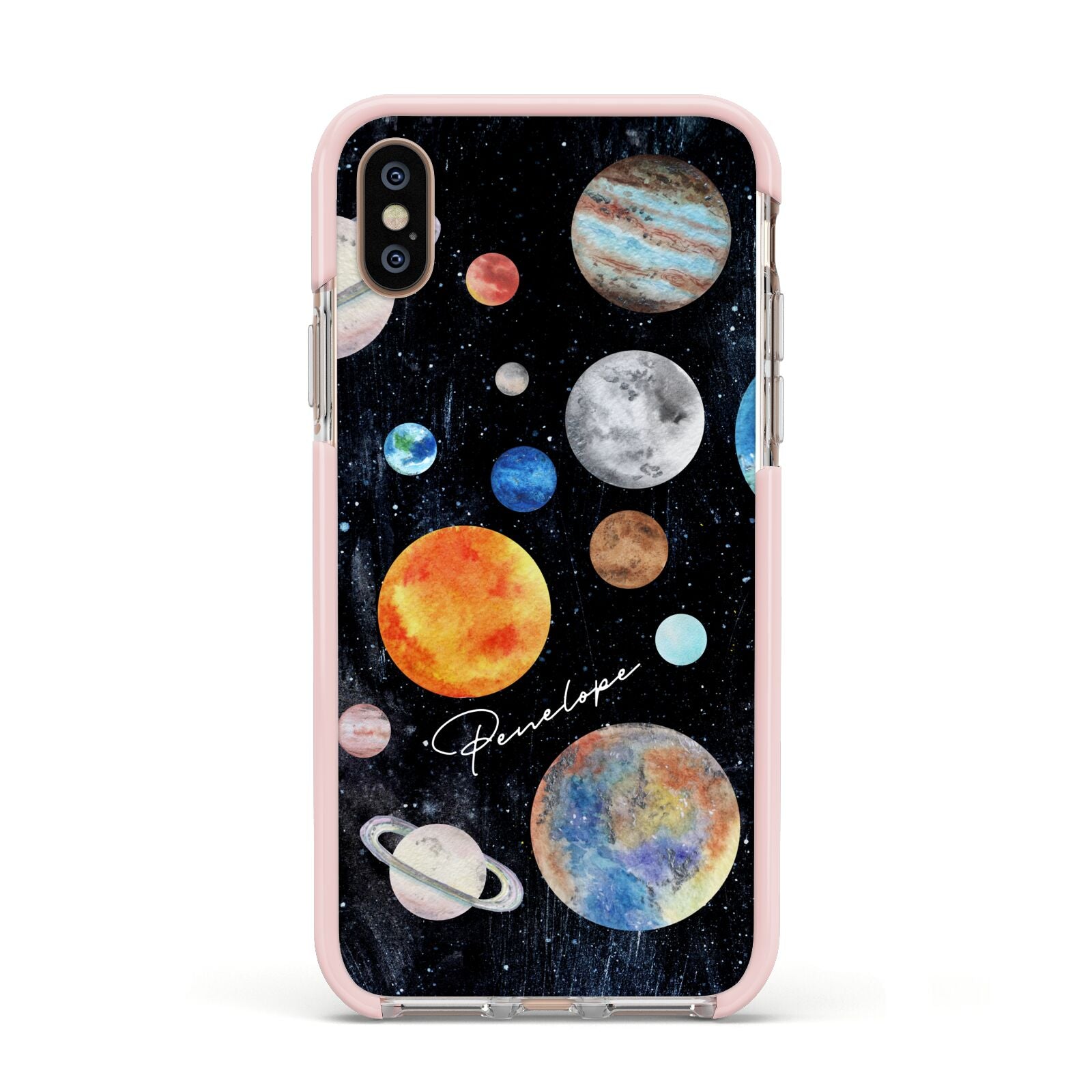 Personalised Planets Apple iPhone Xs Impact Case Pink Edge on Gold Phone