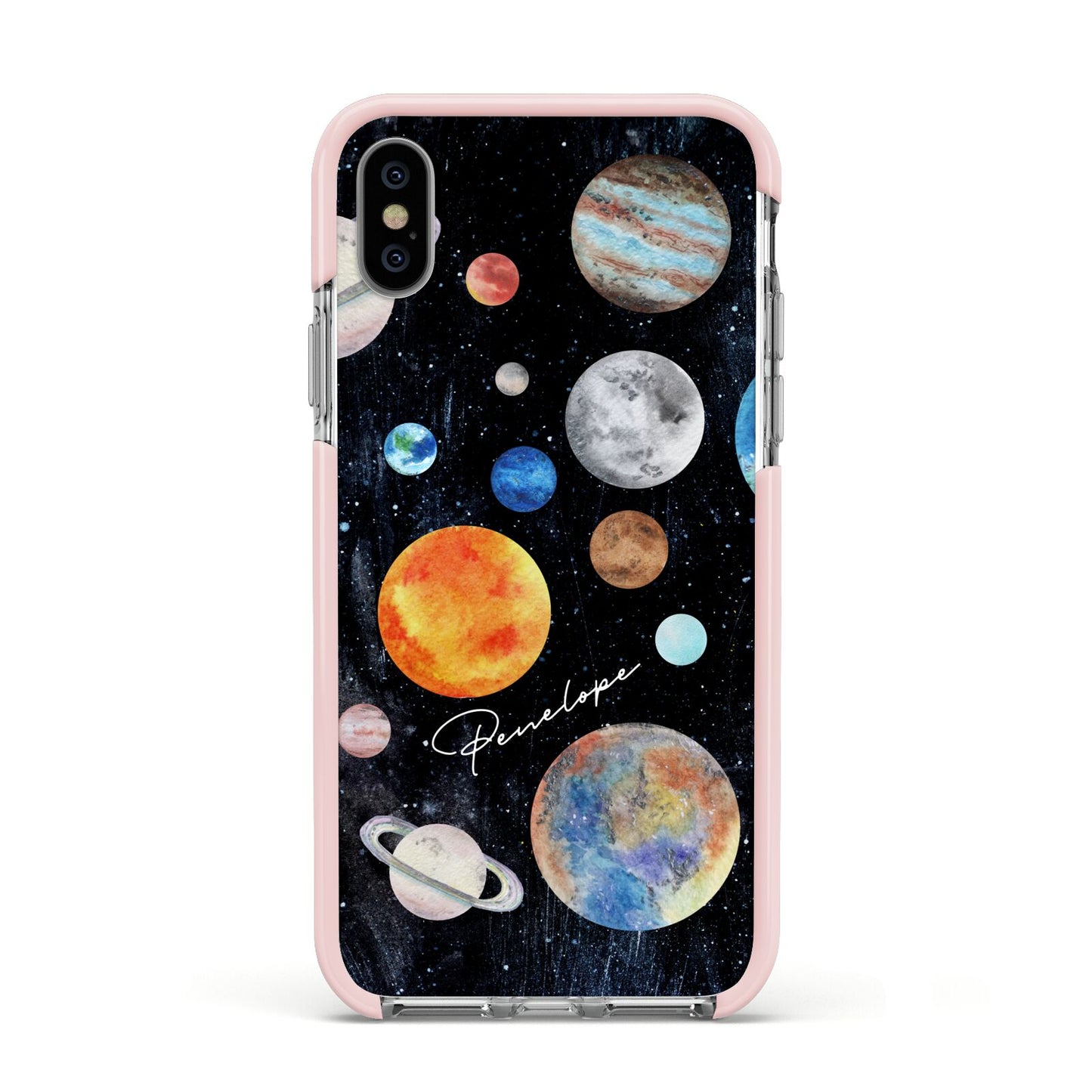 Personalised Planets Apple iPhone Xs Impact Case Pink Edge on Silver Phone