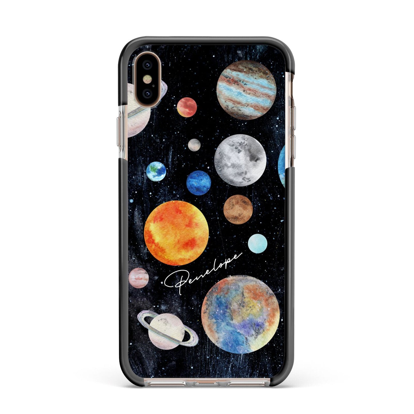Personalised Planets Apple iPhone Xs Max Impact Case Black Edge on Gold Phone