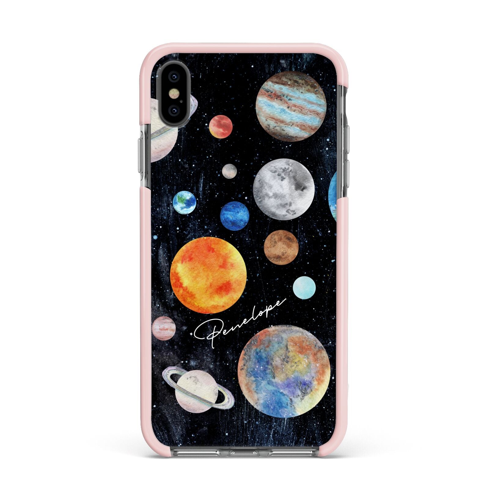 Personalised Planets Apple iPhone Xs Max Impact Case Pink Edge on Black Phone