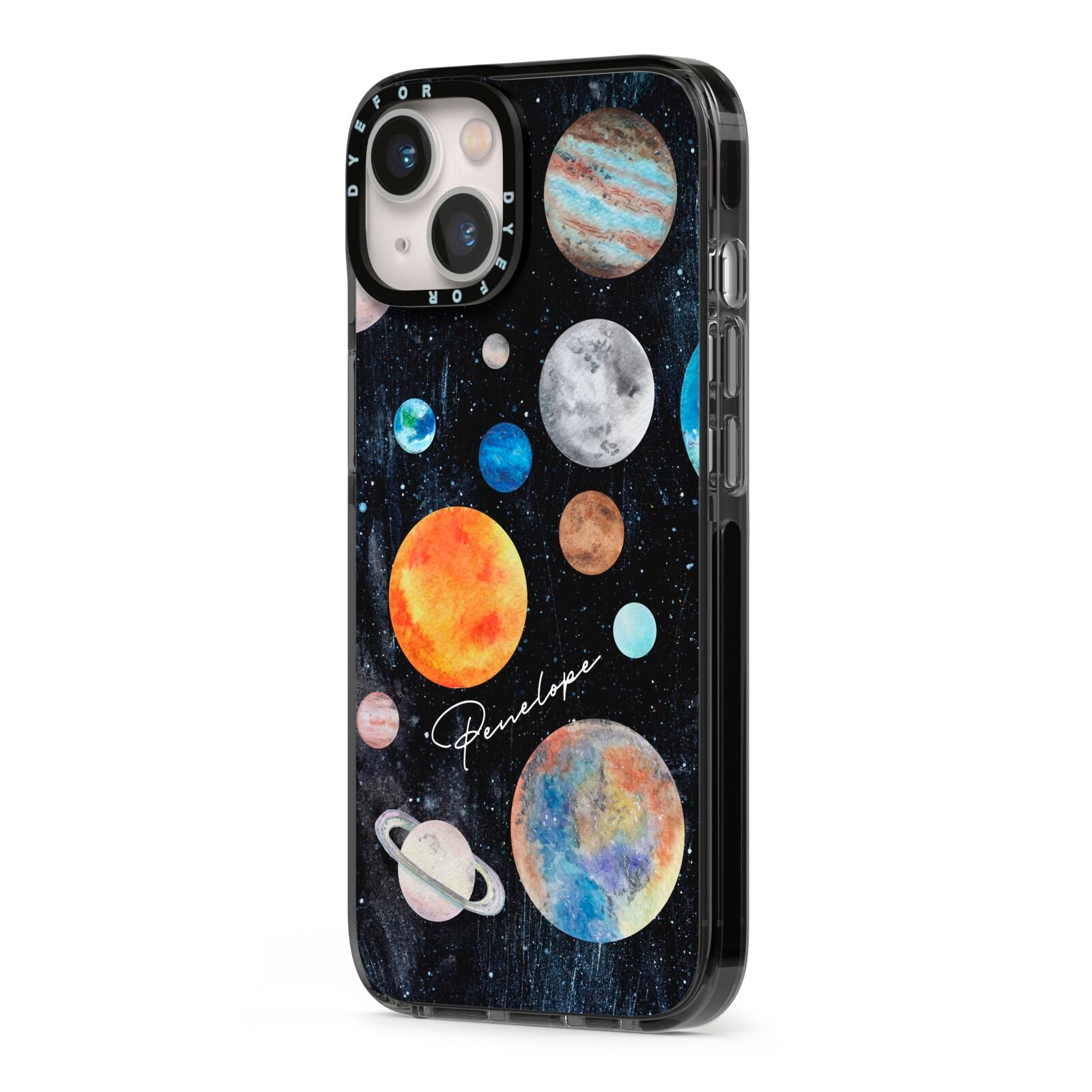 Personalised Planets iPhone 13 Black Impact Case Side Angle on Silver phone