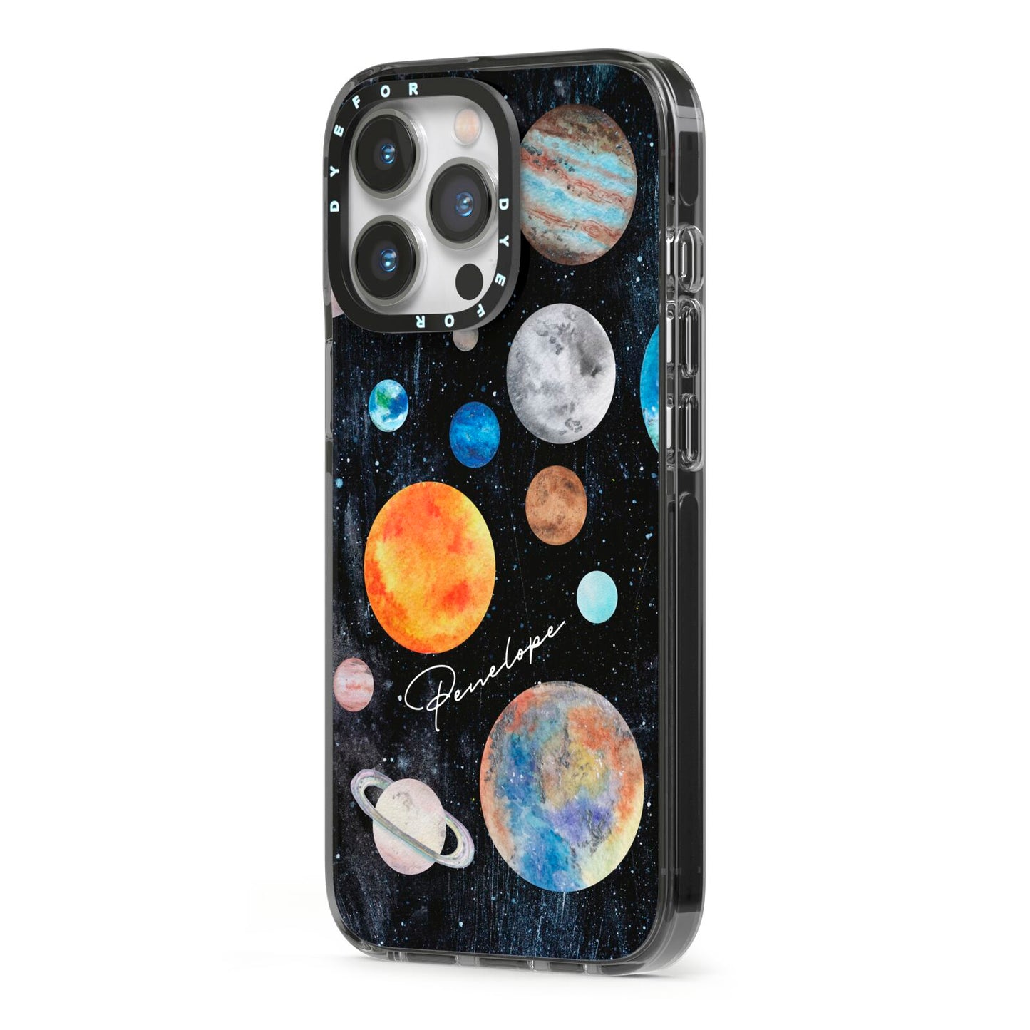 Personalised Planets iPhone 13 Pro Black Impact Case Side Angle on Silver phone