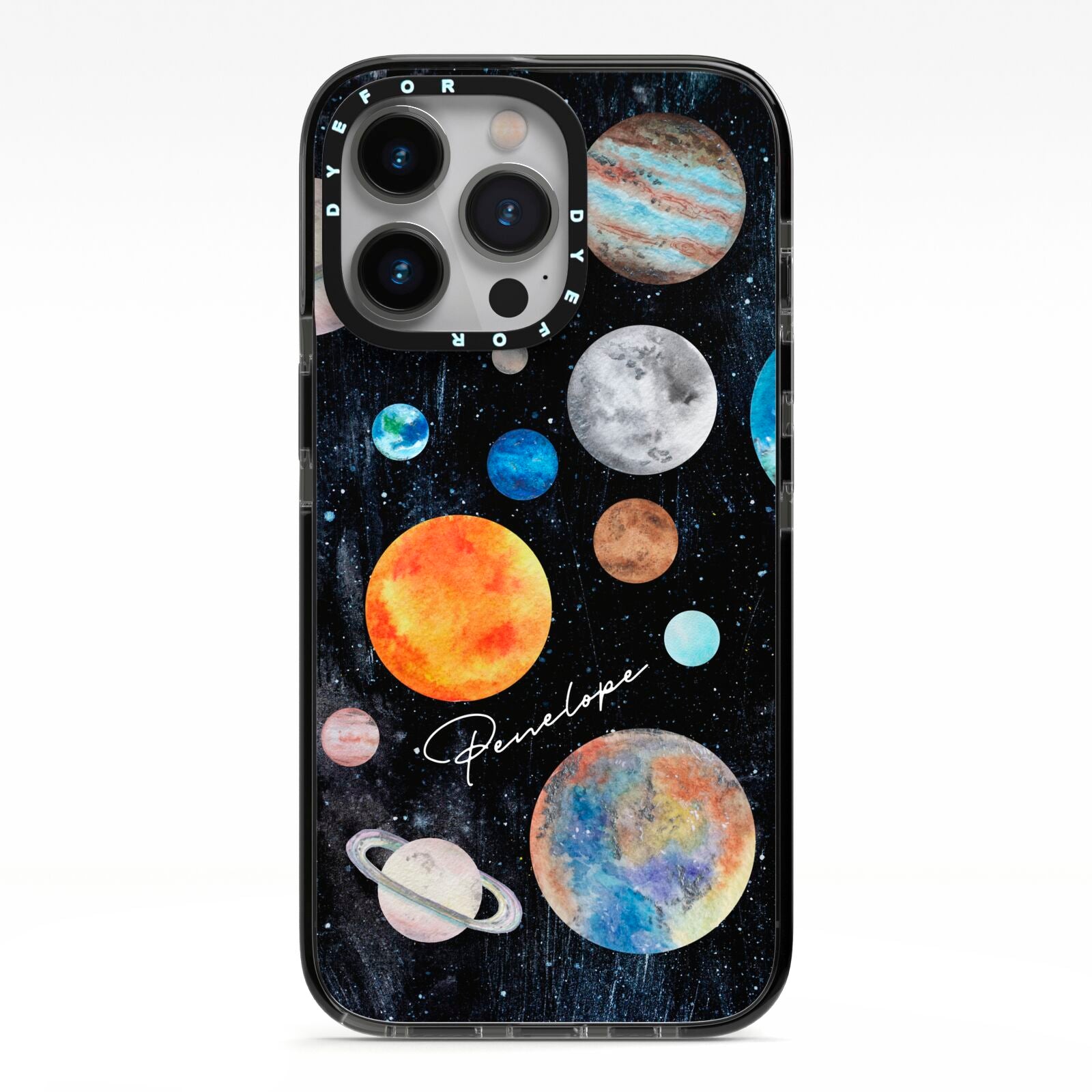 Personalised Planets iPhone 13 Pro Black Impact Case on Silver phone