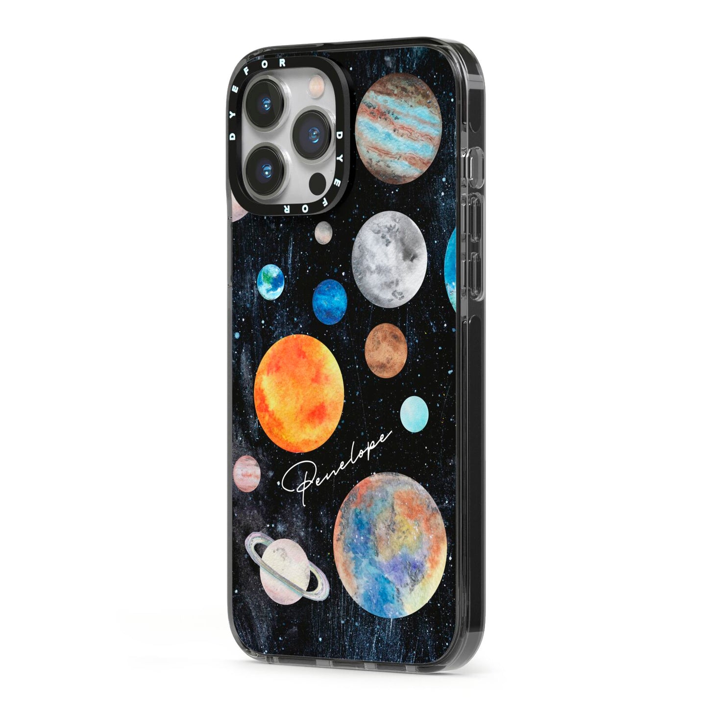Personalised Planets iPhone 13 Pro Max Black Impact Case Side Angle on Silver phone