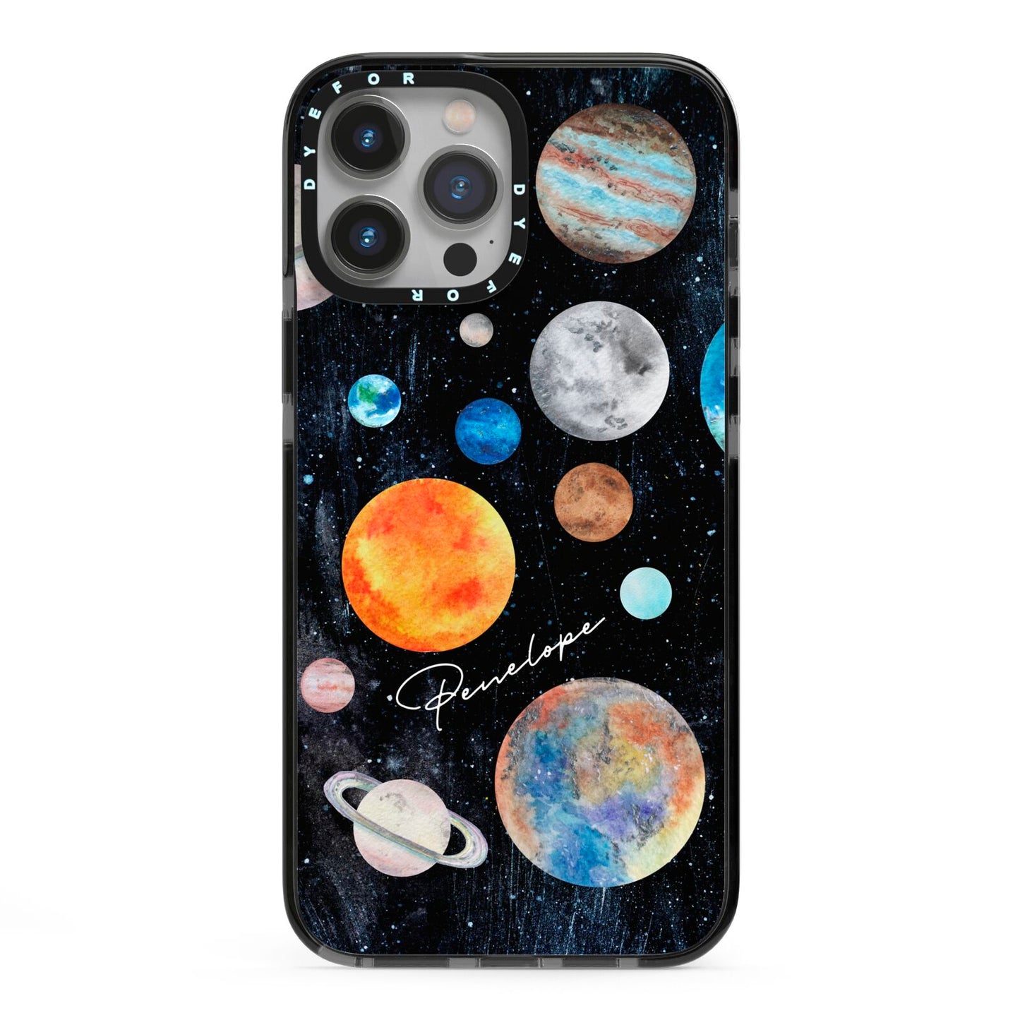 Personalised Planets iPhone 13 Pro Max Black Impact Case on Silver phone