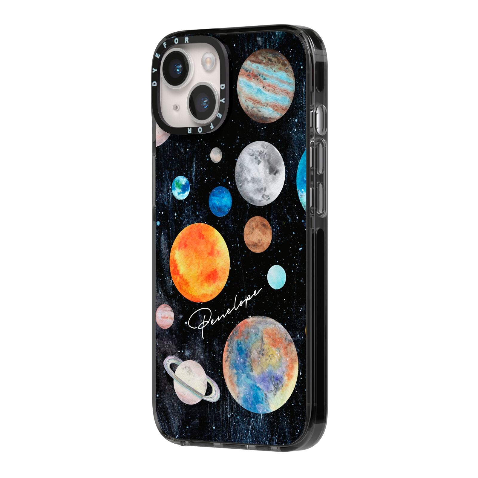 Personalised Planets iPhone 14 Black Impact Case Side Angle on Silver phone