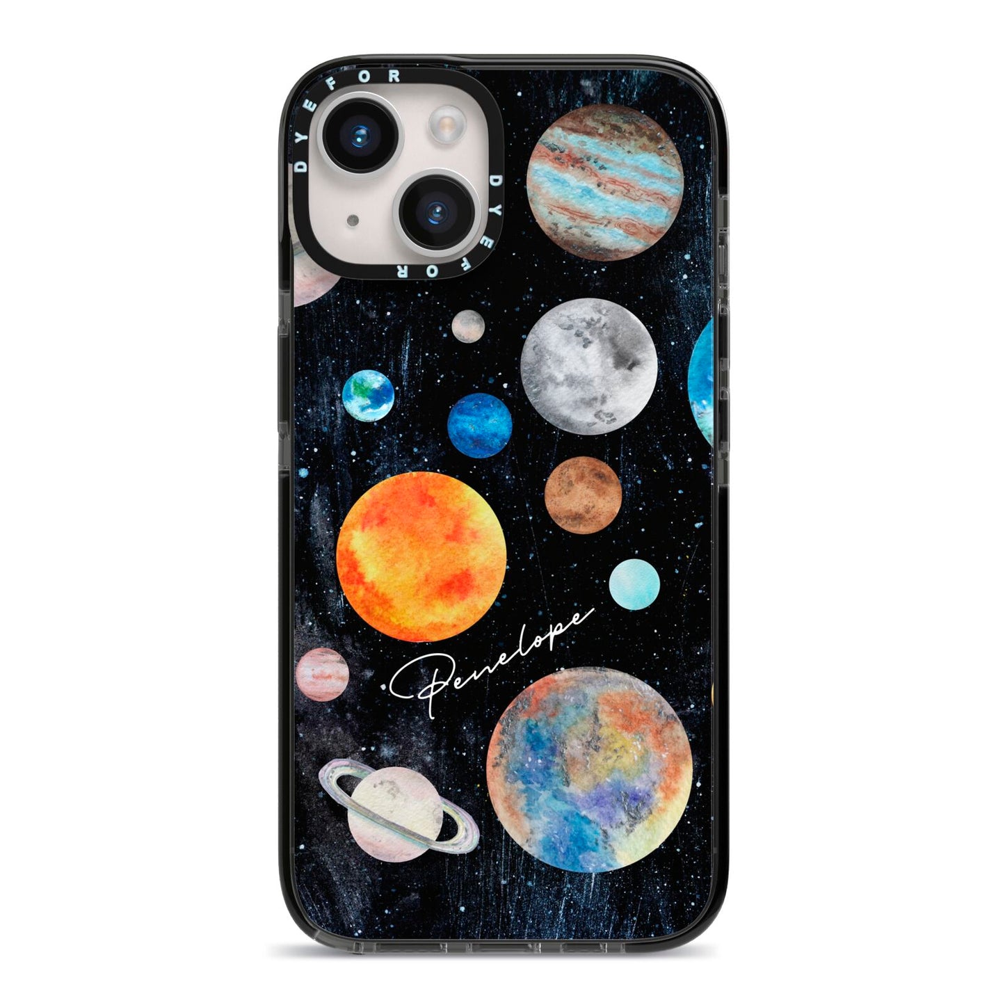 Personalised Planets iPhone 14 Black Impact Case on Silver phone
