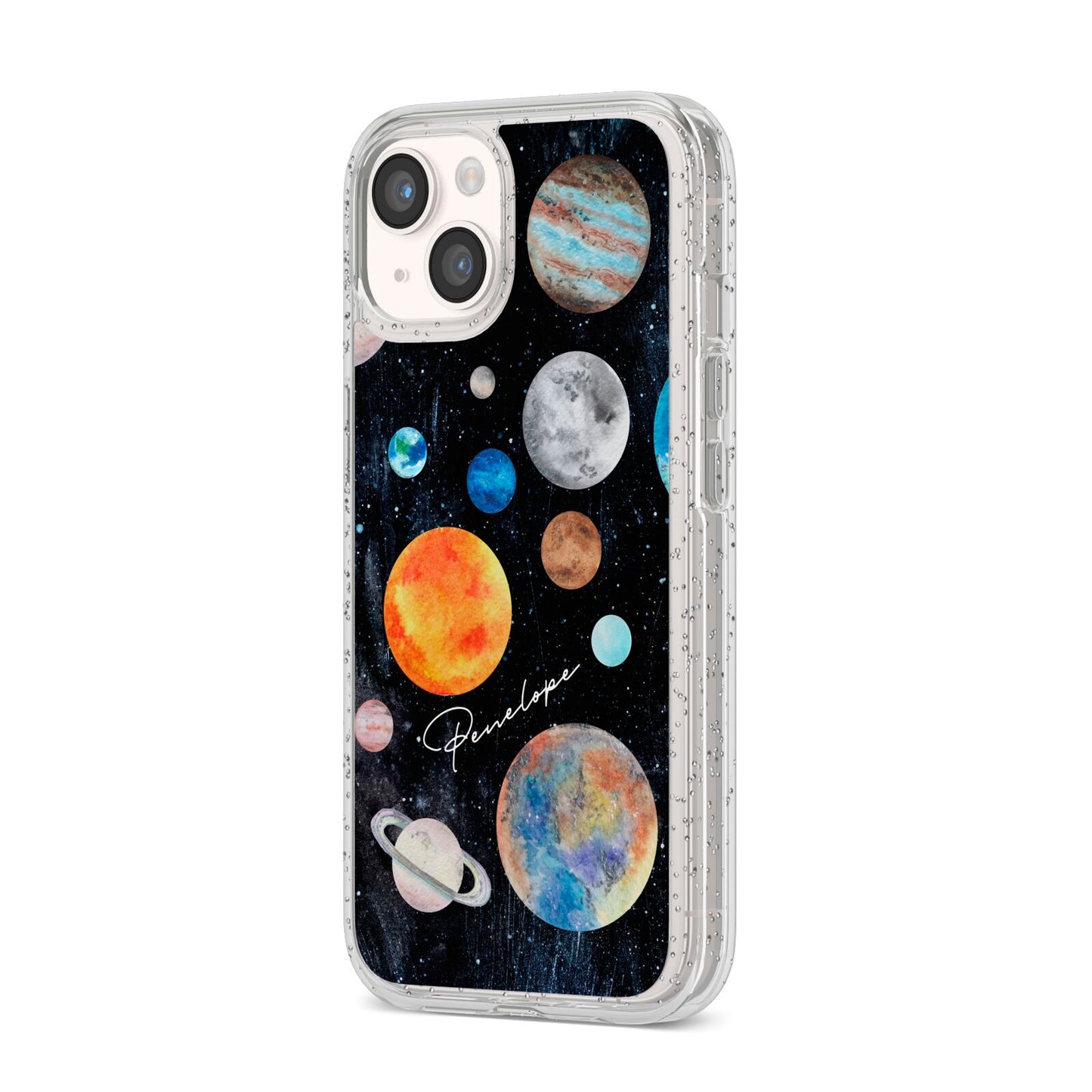 Personalised Planets iPhone 14 Glitter Tough Case Starlight Angled Image