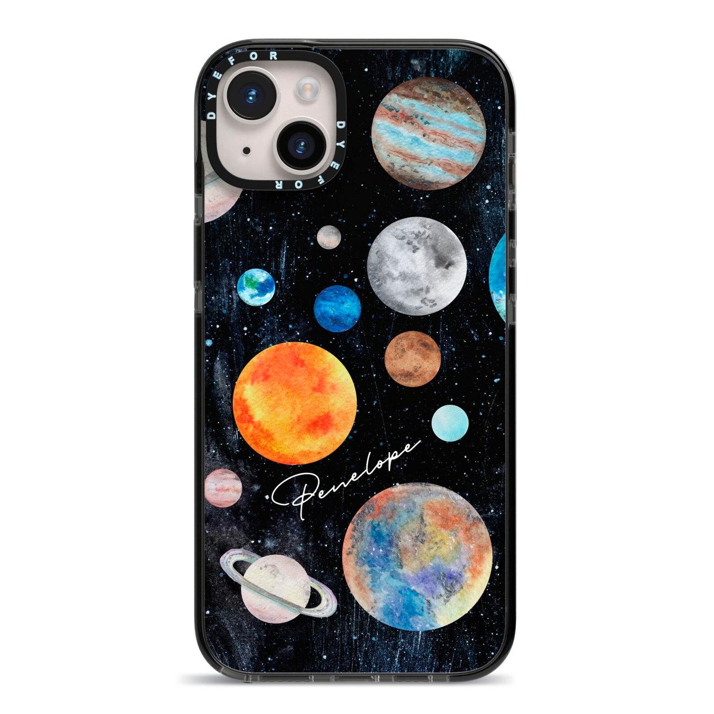 Personalised Planets iPhone 14 Plus Black Impact Case on Silver phone