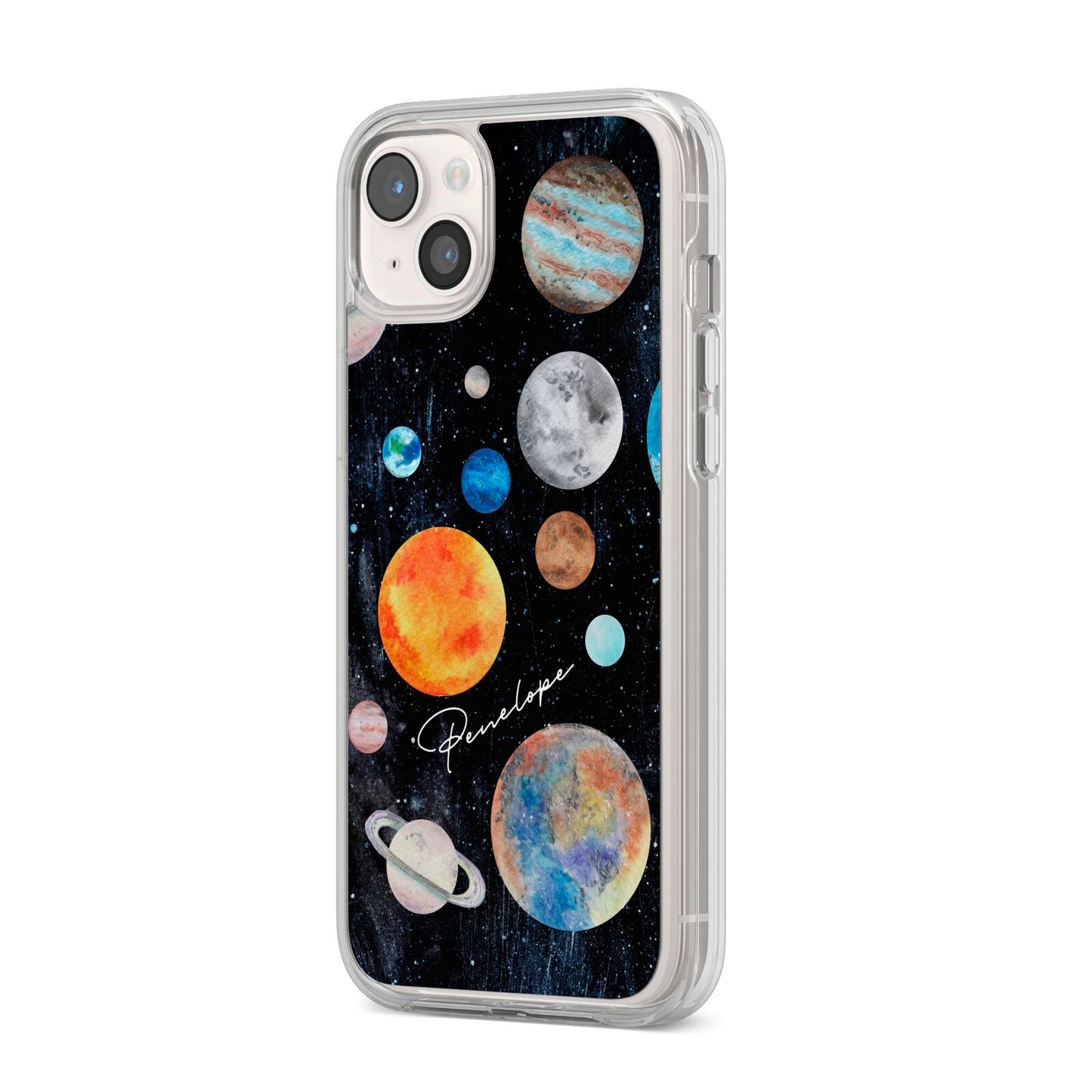 Personalised Planets iPhone 14 Plus Clear Tough Case Starlight Angled Image
