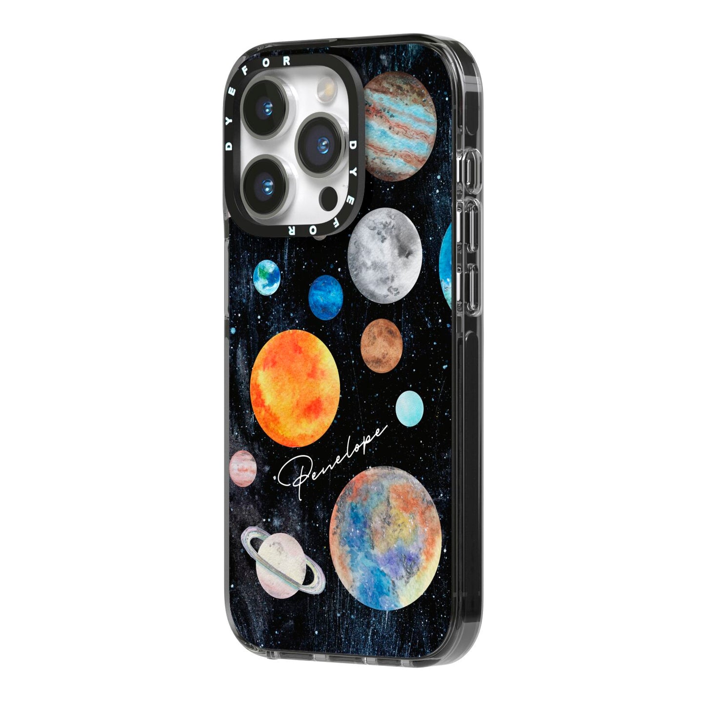 Personalised Planets iPhone 14 Pro Black Impact Case Side Angle on Silver phone