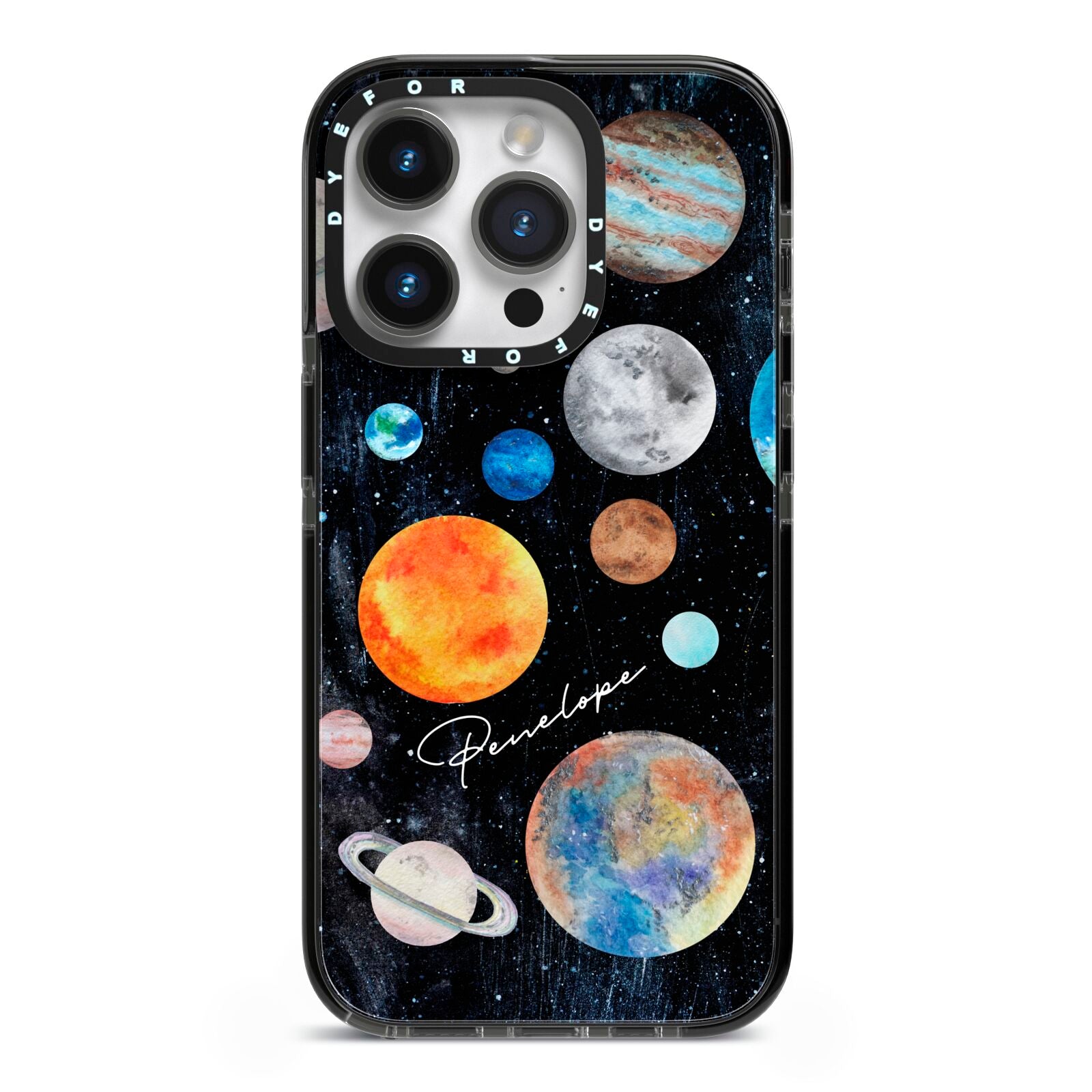Personalised Planets iPhone 14 Pro Black Impact Case on Silver phone