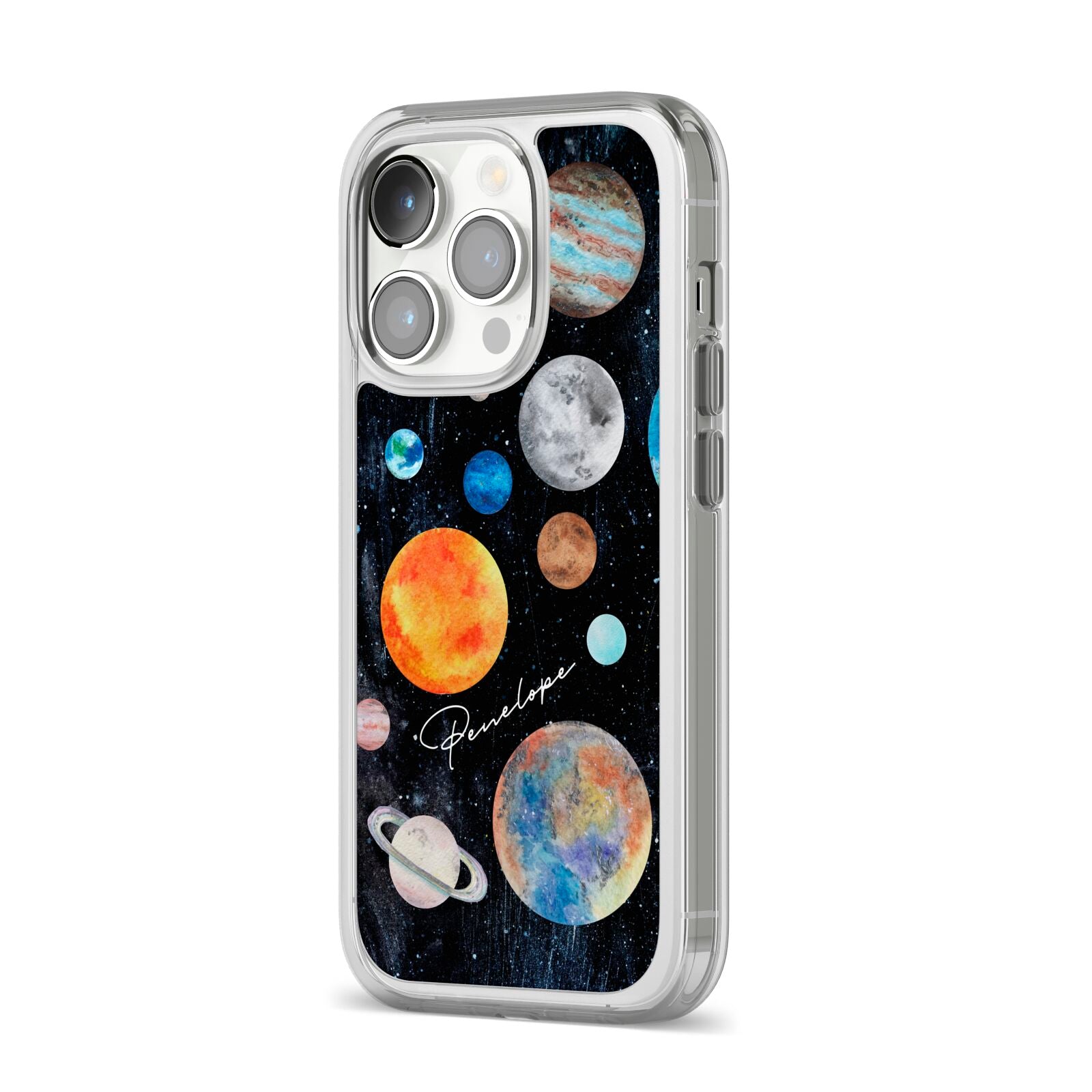 Personalised Planets iPhone 14 Pro Clear Tough Case Silver Angled Image